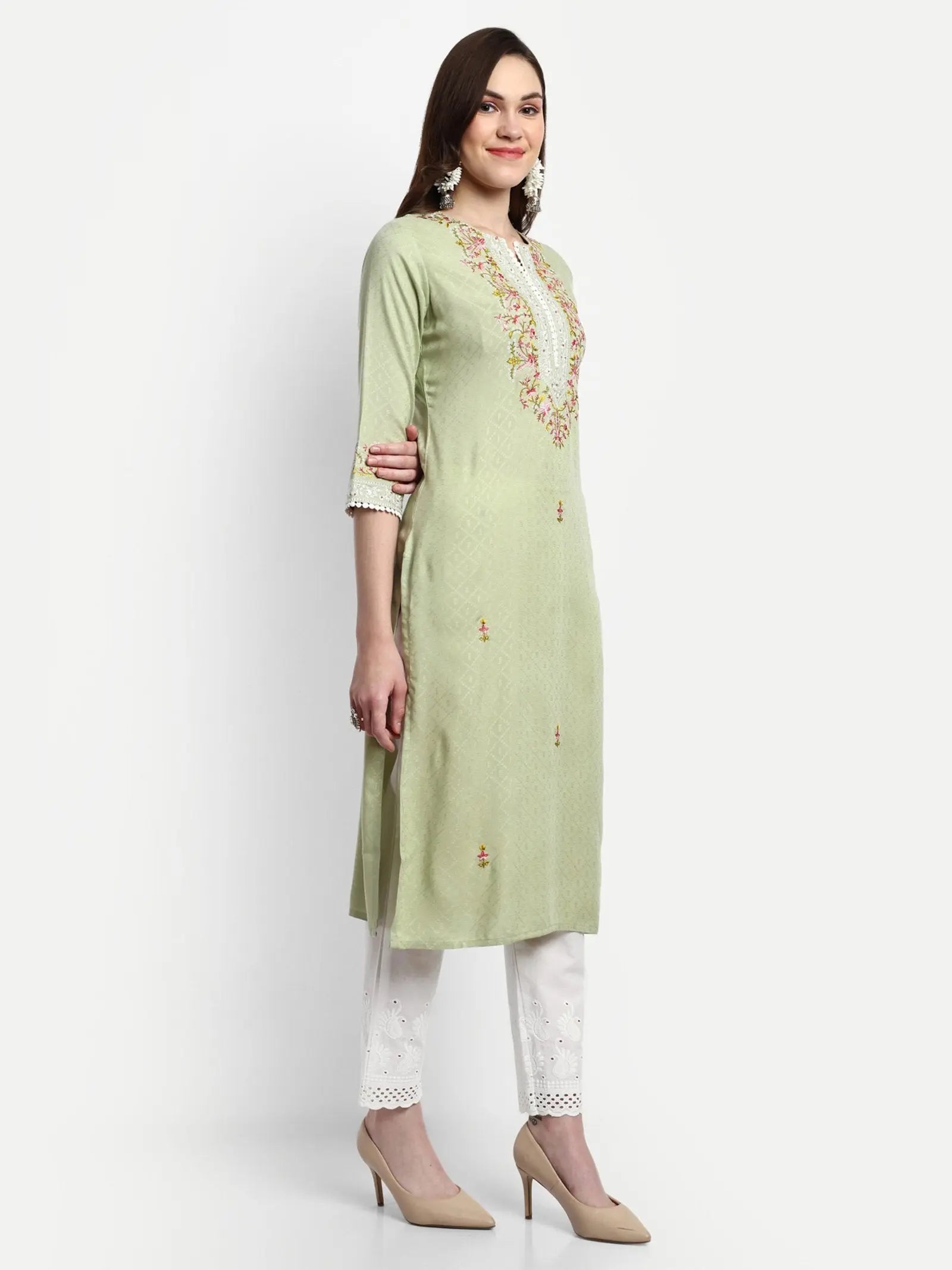 PISTA COLORED SOFT RAYON EMBROIDED KURTA WITH SCHIFFLI PANT mumzhug