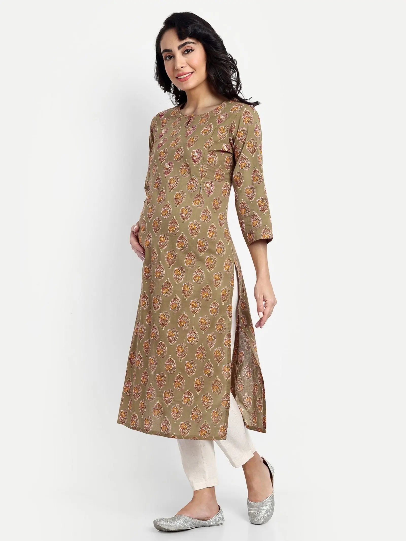 OLIVE GREEN COLOUR COTTON LUREX STRAIGHT KURTA FEEDING OR NURSING KURTA WITH EMBROIDERY mumzhug