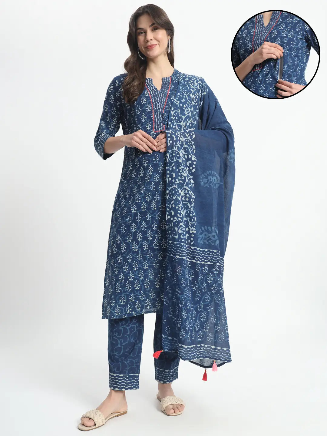 Cotton Hand Block Print Embroided Kurta Pant And Dupatta For Feeding And Maternity mumzhug