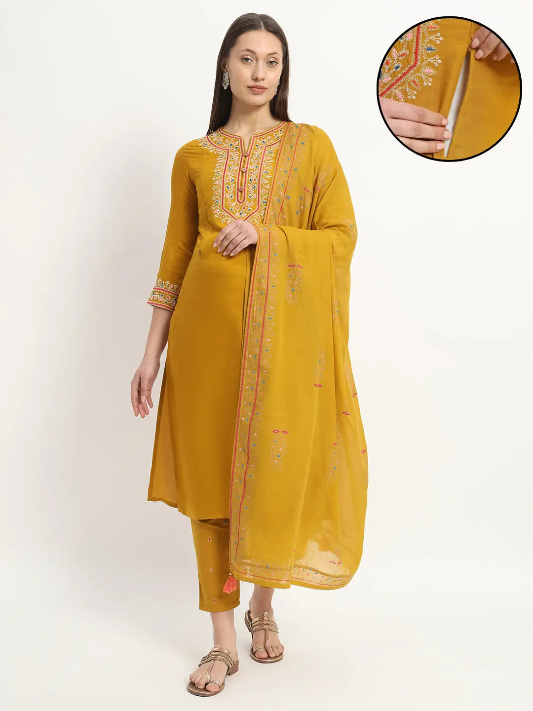 MUMZHUG Embroided  Straight Kurta & Rayon Pant & Malmal Dupatta For Maternity & Feeding Purpose mumzhug