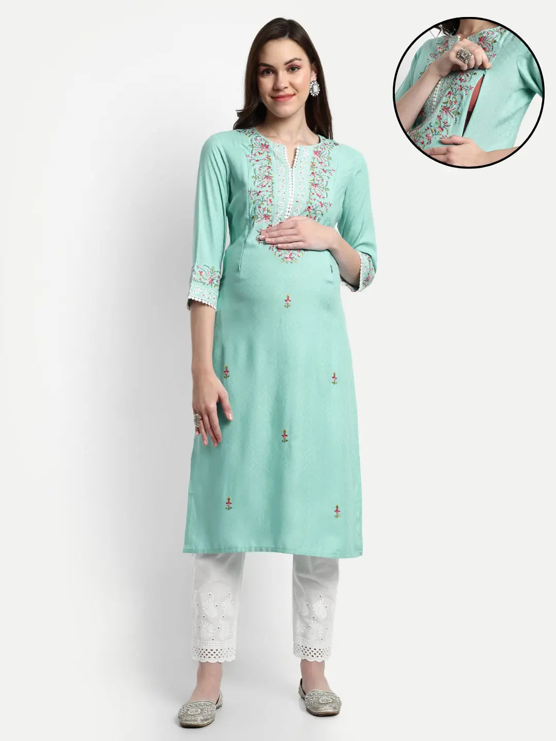 MUMZHUG Rayon Yarn Dyed Embroided Kurta with Cotton Schiffli Trouser for Feeding and Maternity Purpose mumzhug