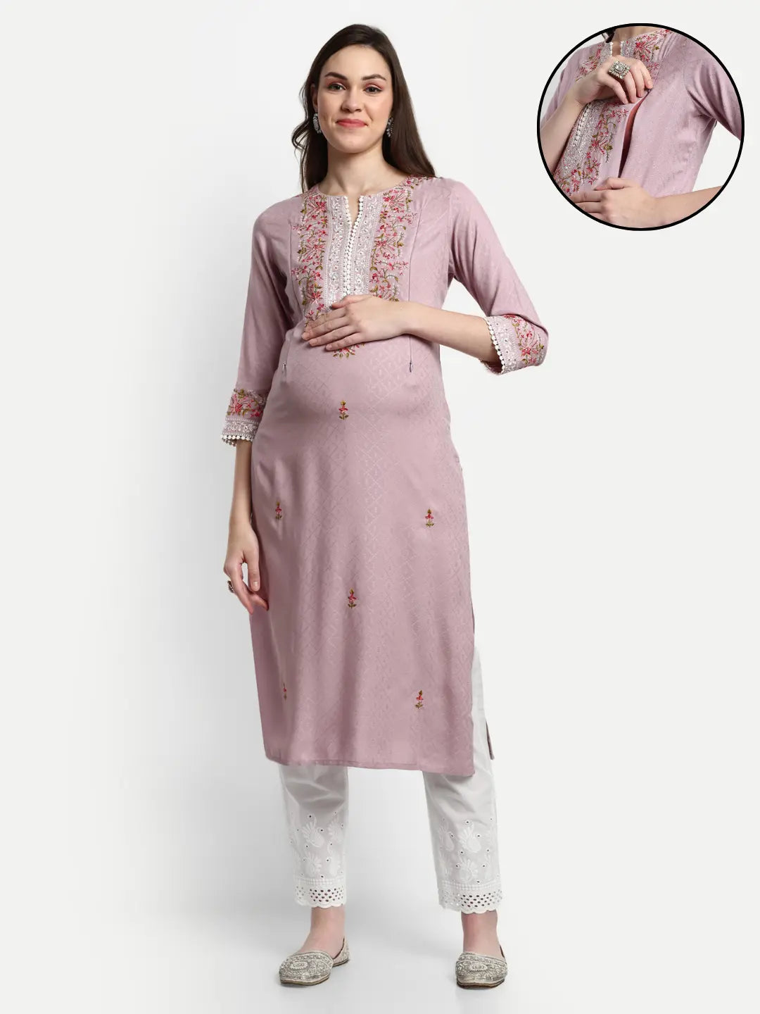 Soft viscose rayon embroidered kurta with schiffli pant and chiffon dupatta for maternity and feeding purpose mumzhug