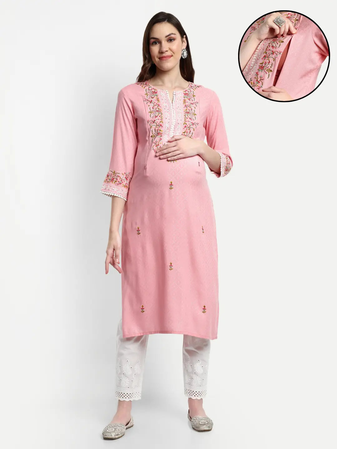 MUMZHUG Rayon Yarn Dyed Embroided Kurta with Cotton Schiffli Trouser for Feeding and Maternity Purpose mumzhug