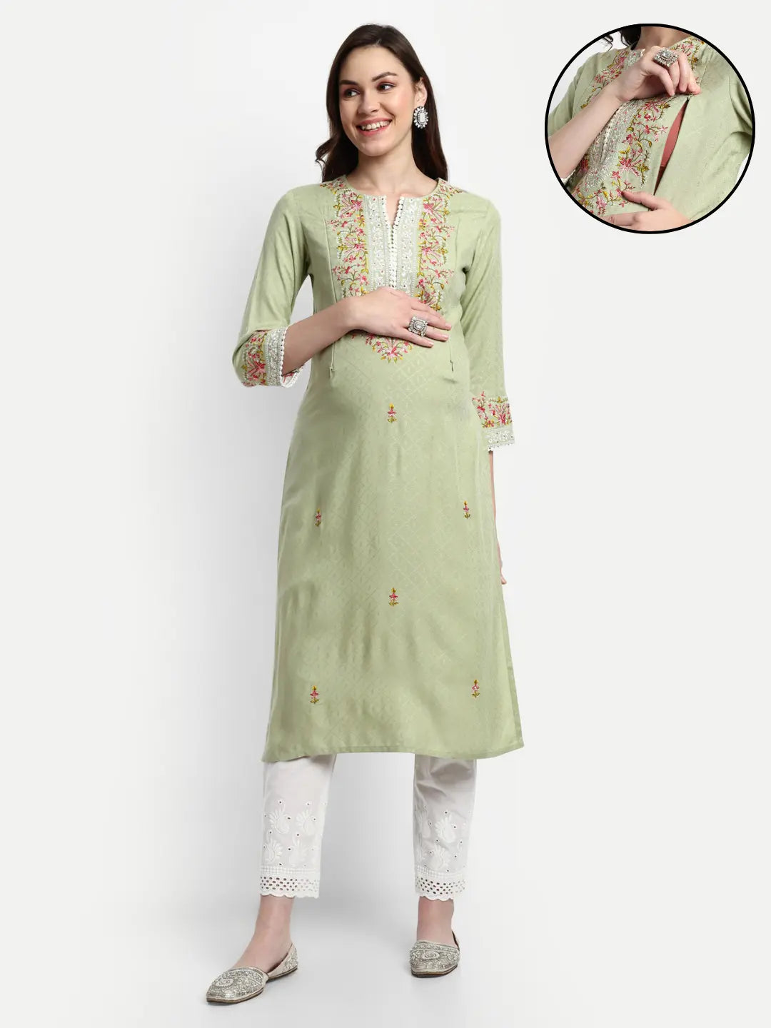 MUMZHUG Rayon Yarn Dyed Embroided Kurta with Cotton Schiffli Trouser for Feeding and Maternity Purpose mumzhug