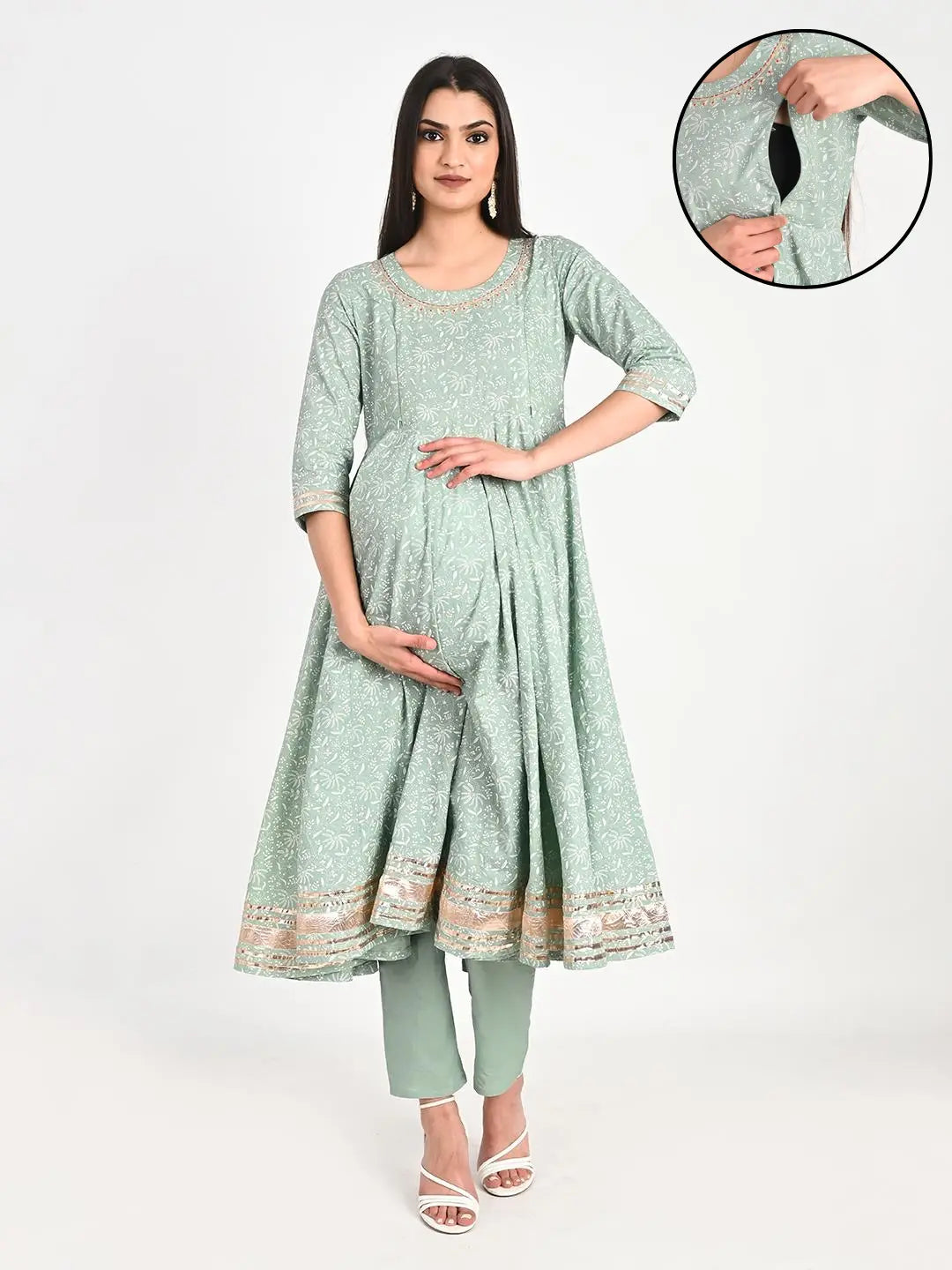 MUMZHUG Cotton Printed FLIAIRED Anarkali with Lining Attached, Pallazo and Dupatta for Feeding and Maternity Purpose. mumzhug