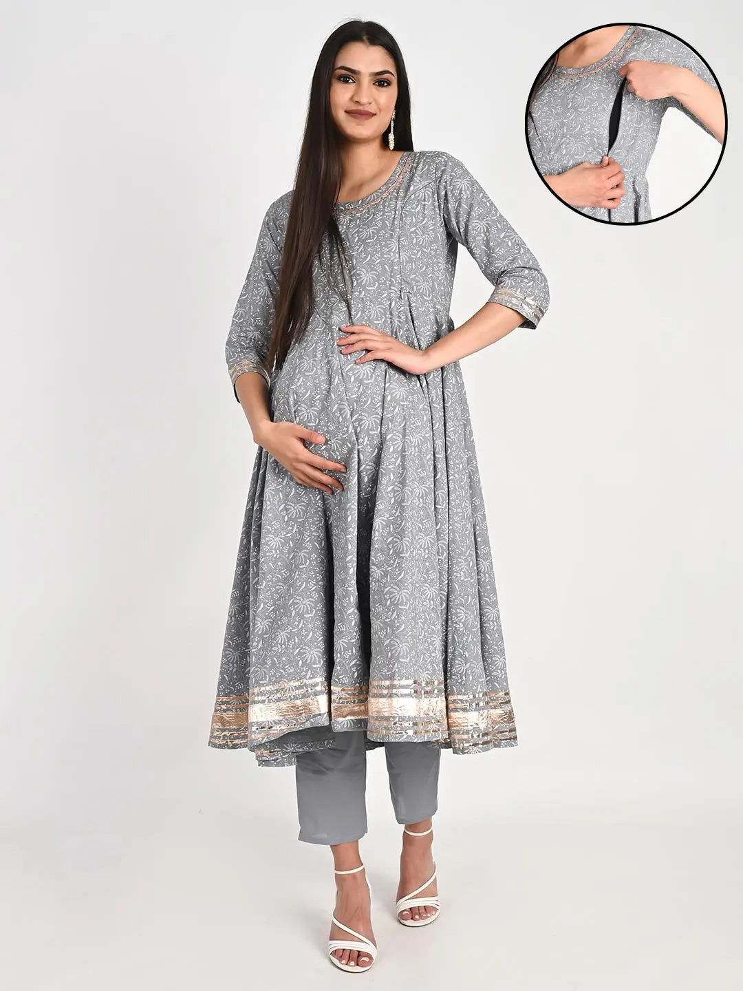 MUMZHUG Cotton Printed FLIAIRED Anarkali with Lining Attached, Pallazo and Dupatta for Feeding and Maternity Purpose mumzhug