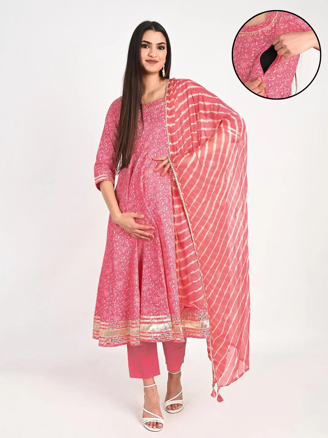 MUMZHUG Cotton Printed FLIAIRED Anarkali with Lining Attached, Pallazo and Dupatta for Feeding and Maternity Purpose mumzhug