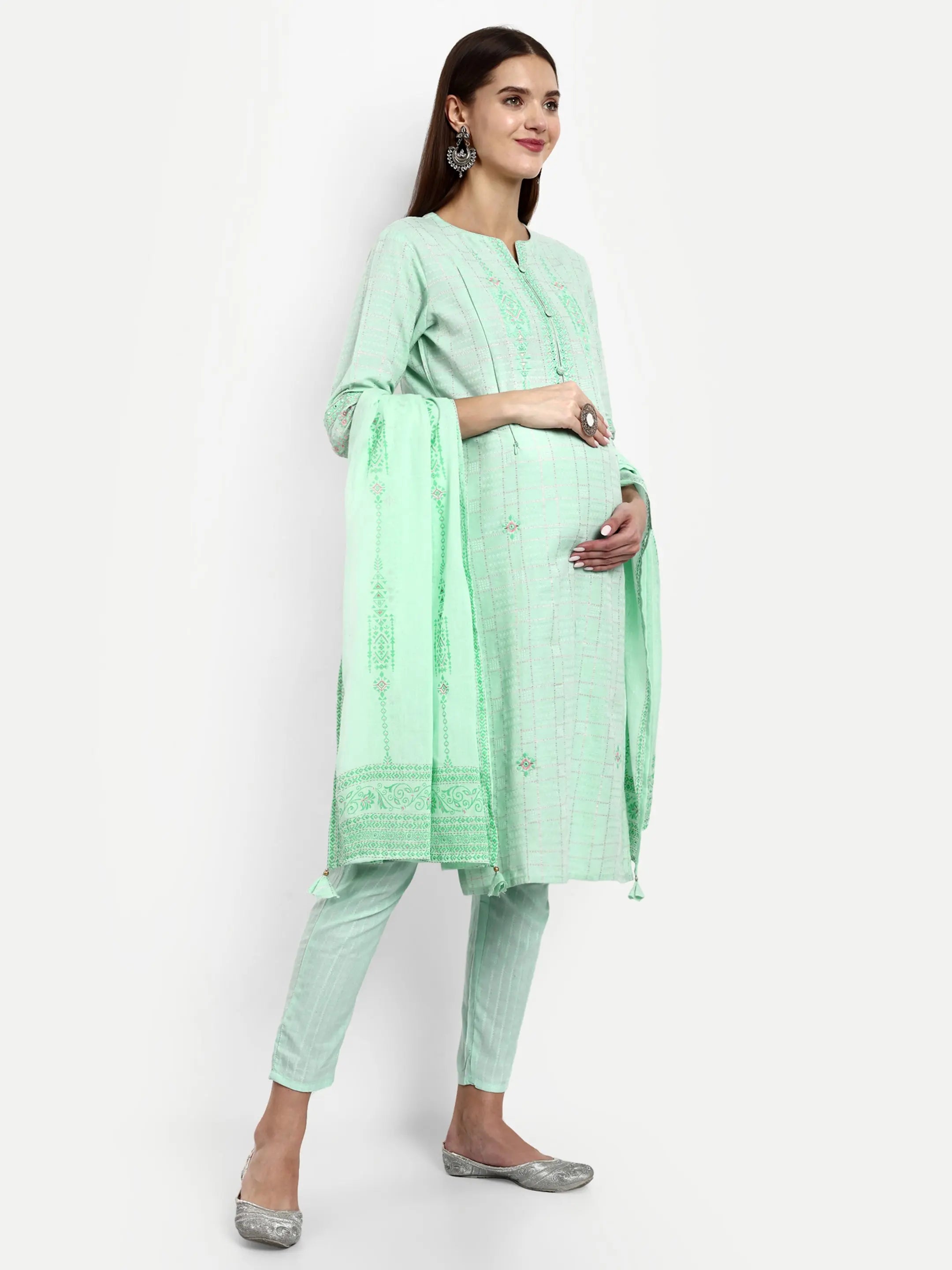 Cotton Lurex Embroided Kurta With Trouser And Dupatta For Feeding And Maternity mumzhug