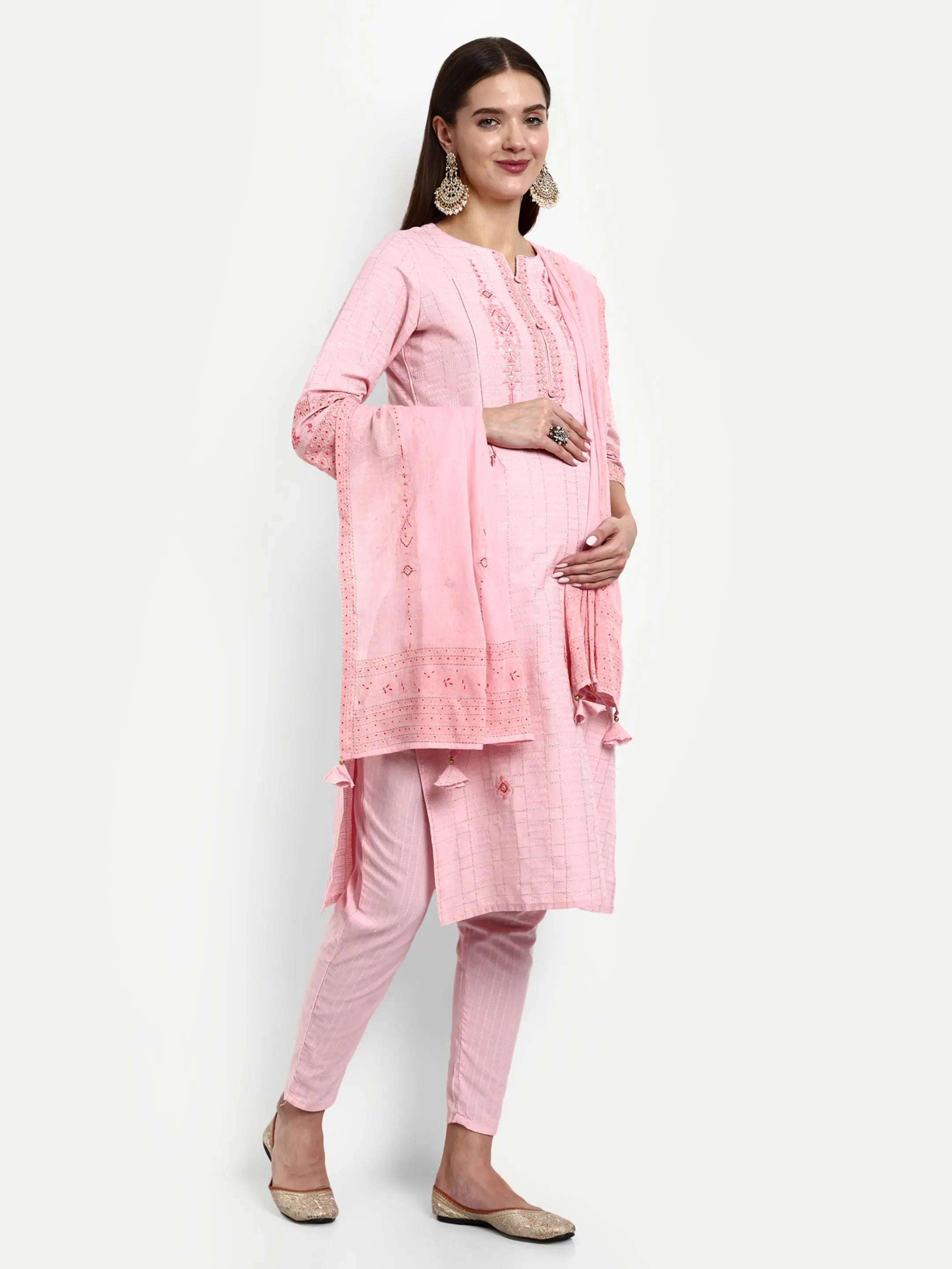 Cotton Lurex Embroided Kurta With Trouser And Dupatta For Feeding And Maternity mumzhug