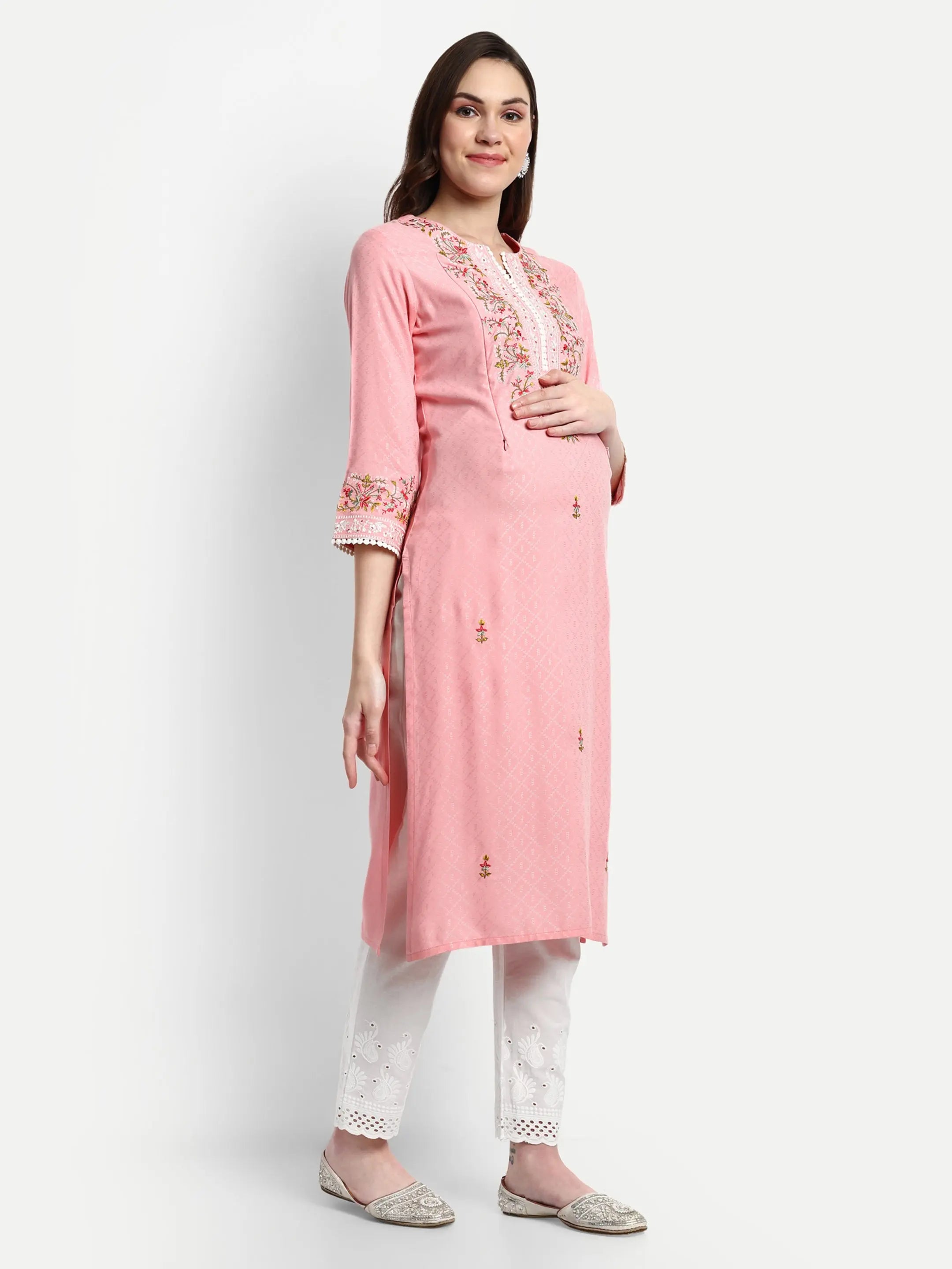 MUMZHUG Rayon Yarn Dyed Embroided Kurta with Cotton Schiffli Trouser for Feeding and Maternity Purpose mumzhug