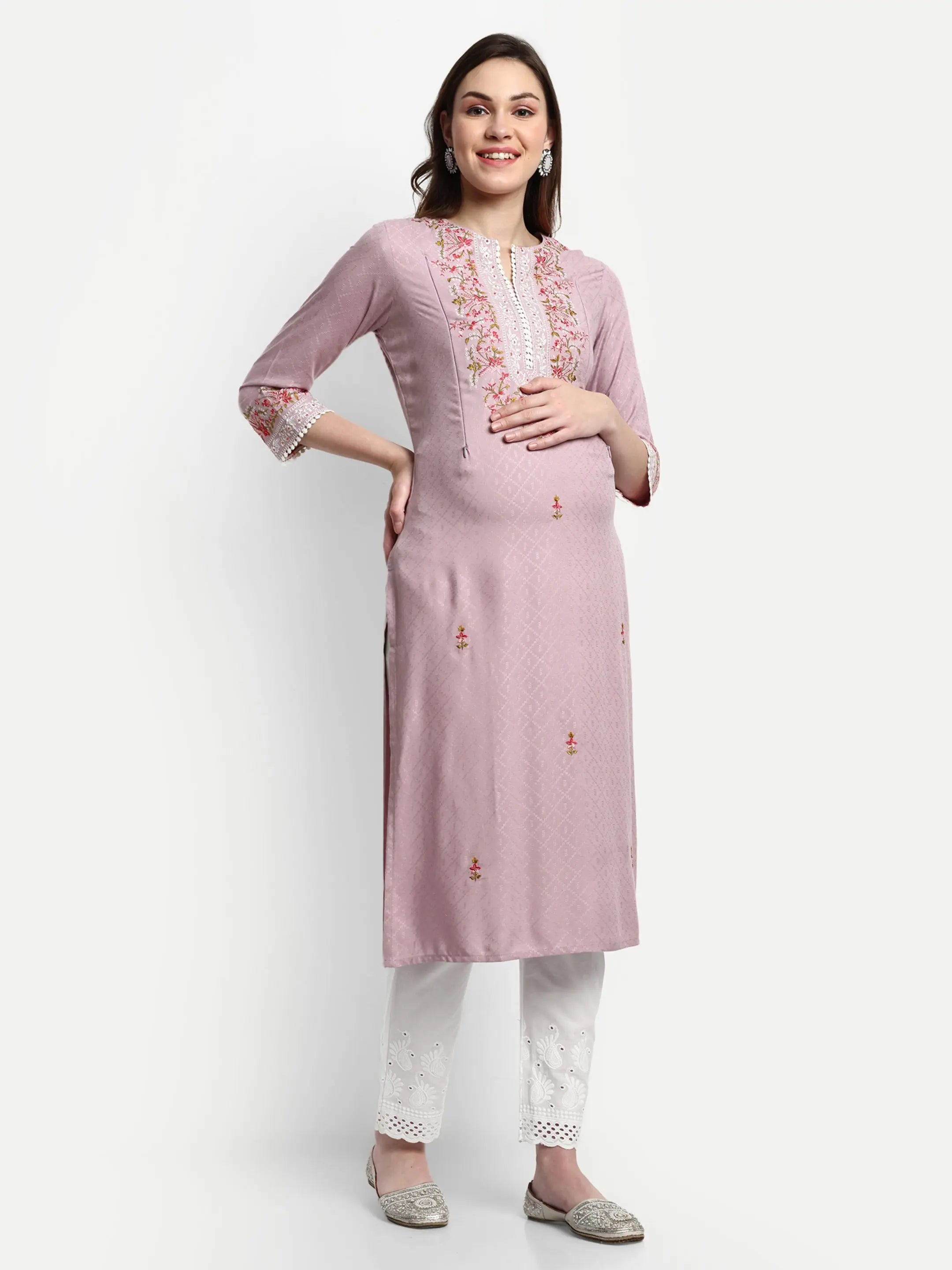 Soft viscose rayon embroidered kurta with schiffli pant and chiffon dupatta for maternity and feeding purpose mumzhug