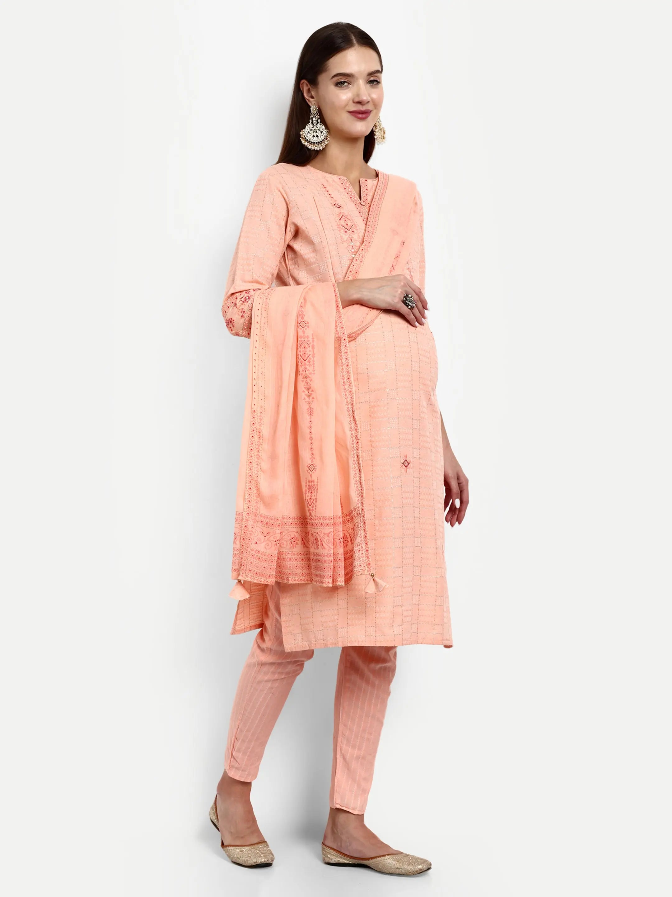 Cotton Lurex Embroided Kurta With Trouser And Dupatta For Feeding And Maternity mumzhug