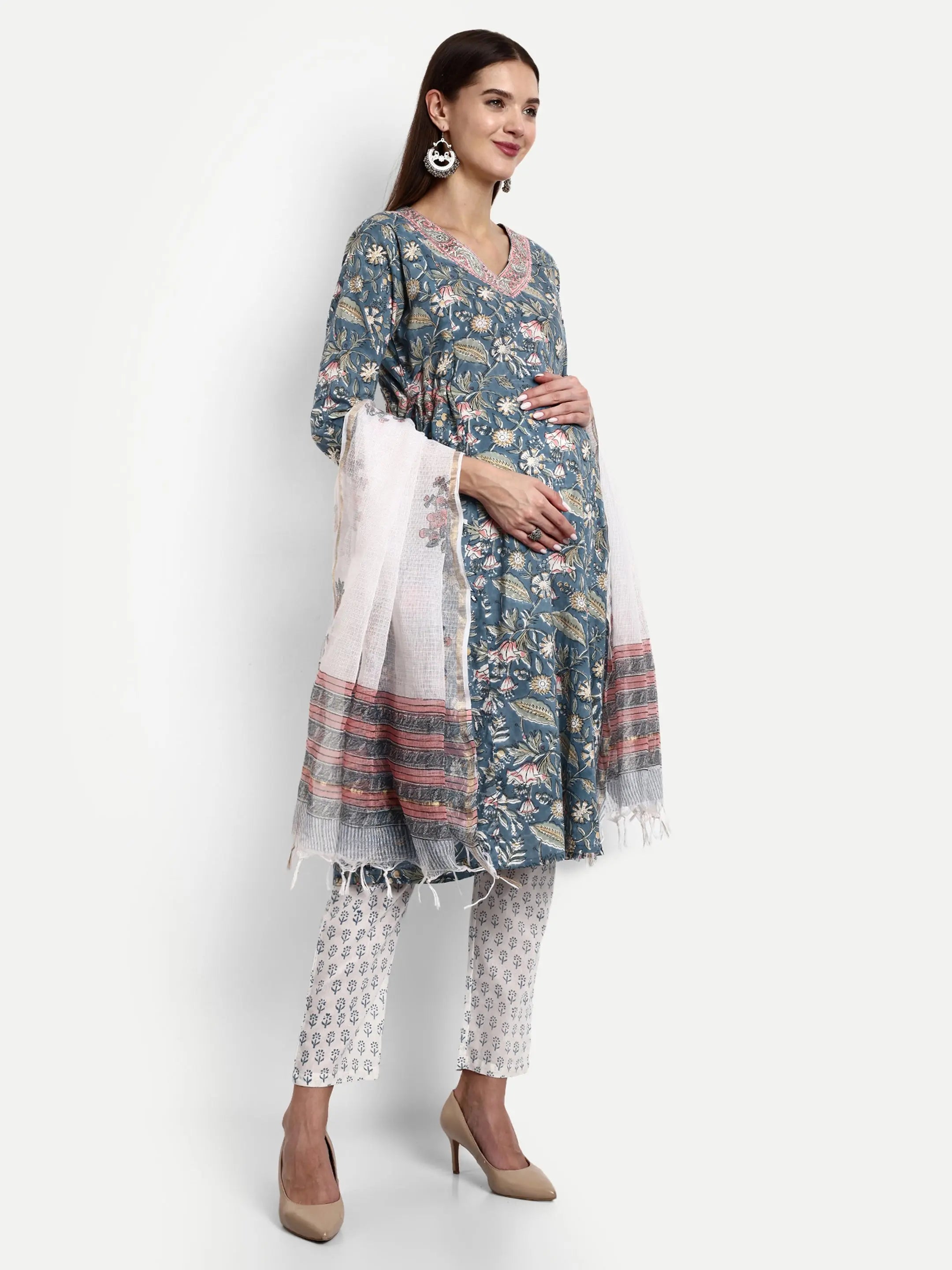 Cotton Hand Block Print Embroided Kurta Pant And Dupatta For Feeding And Maternity mumzhug