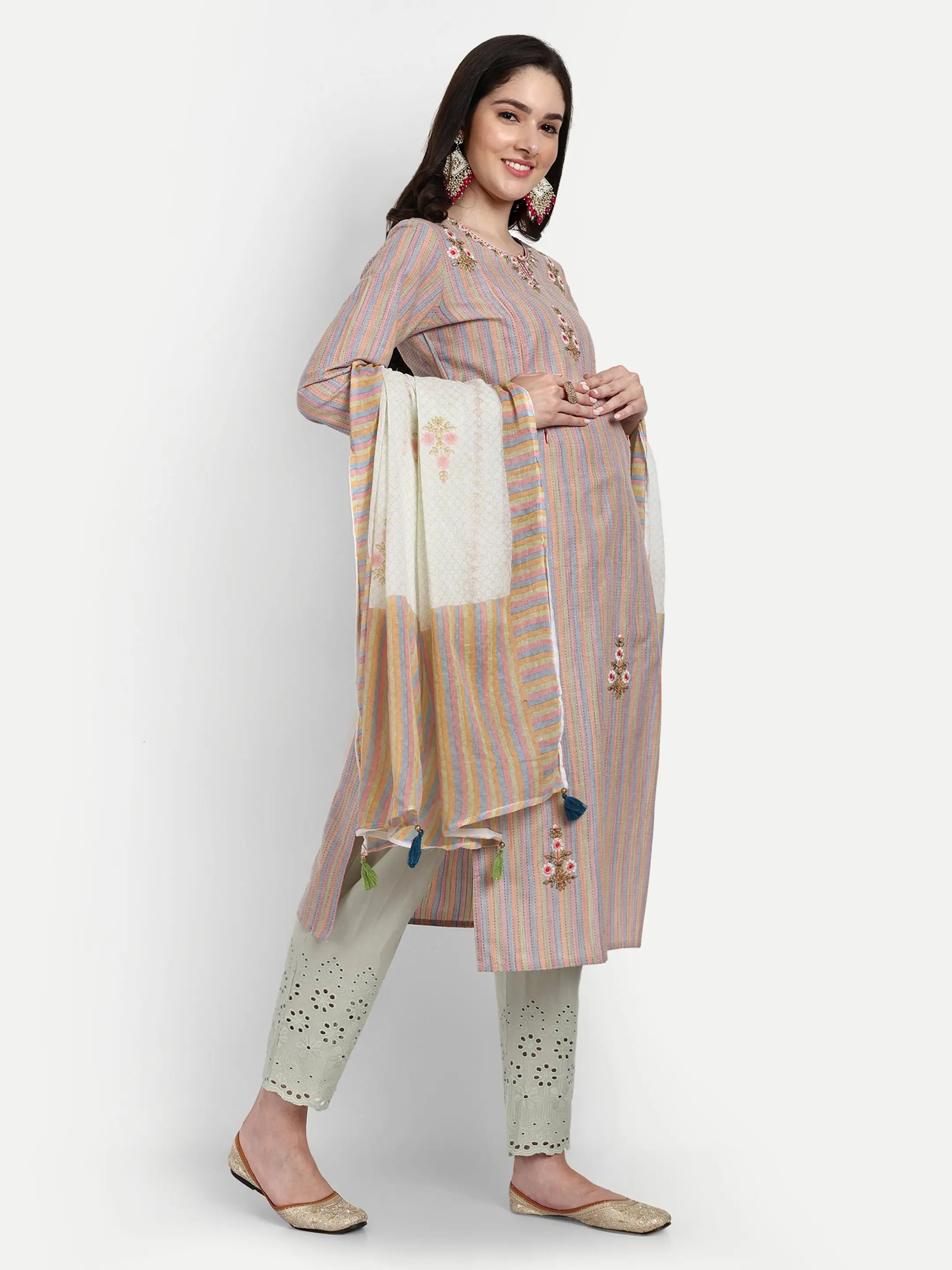 Cotton Striped Yarn Dyed Kurta With Dori And Sequin Embroidery With Schiffli Pallazo And Cotton Dupatta For Feeding And Maternity Purpose mumzhug