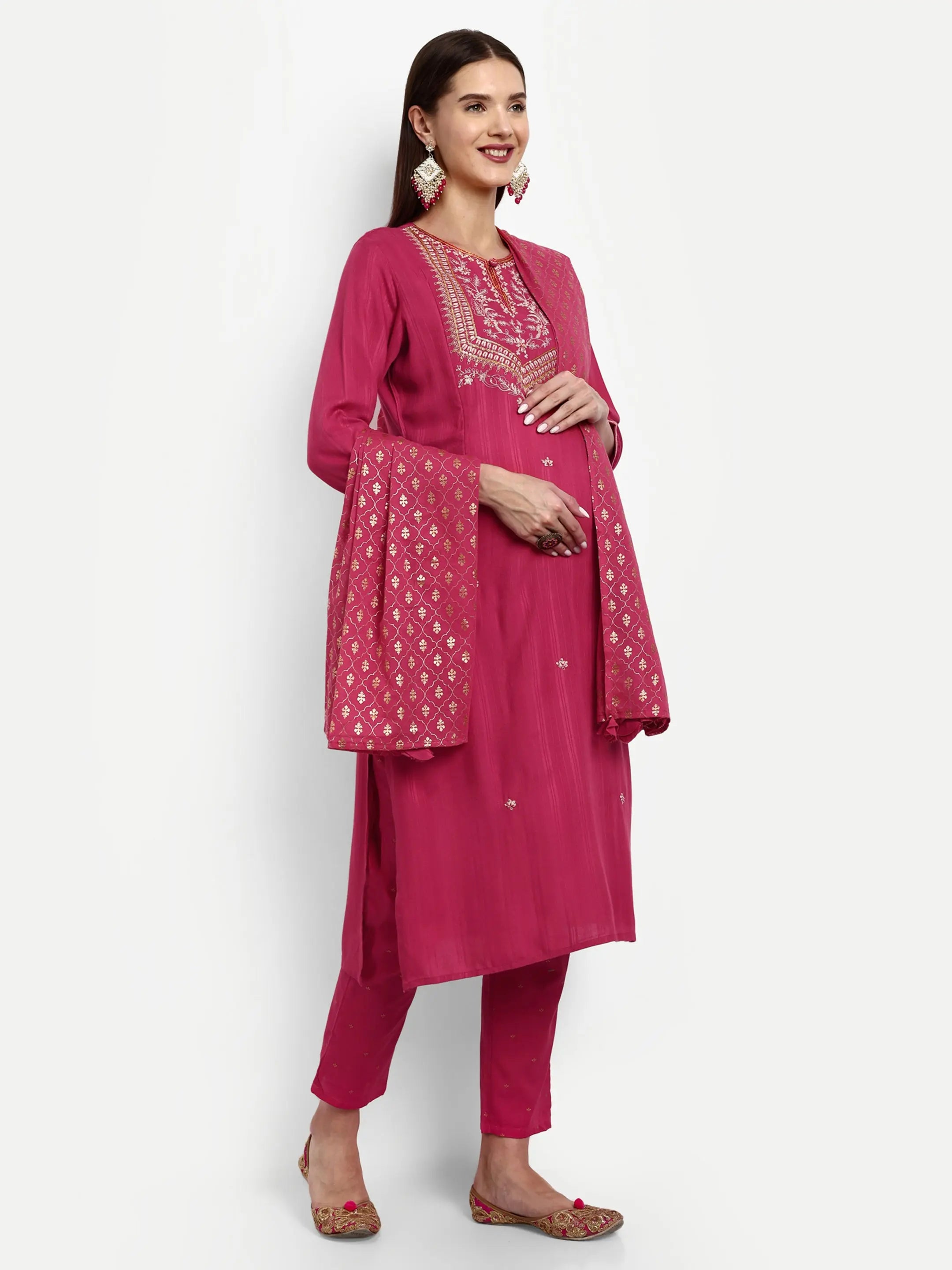 Viscose Rayon Embroided Kurta With Trouser And Dupatta For Feeding And Maternity mumzhug