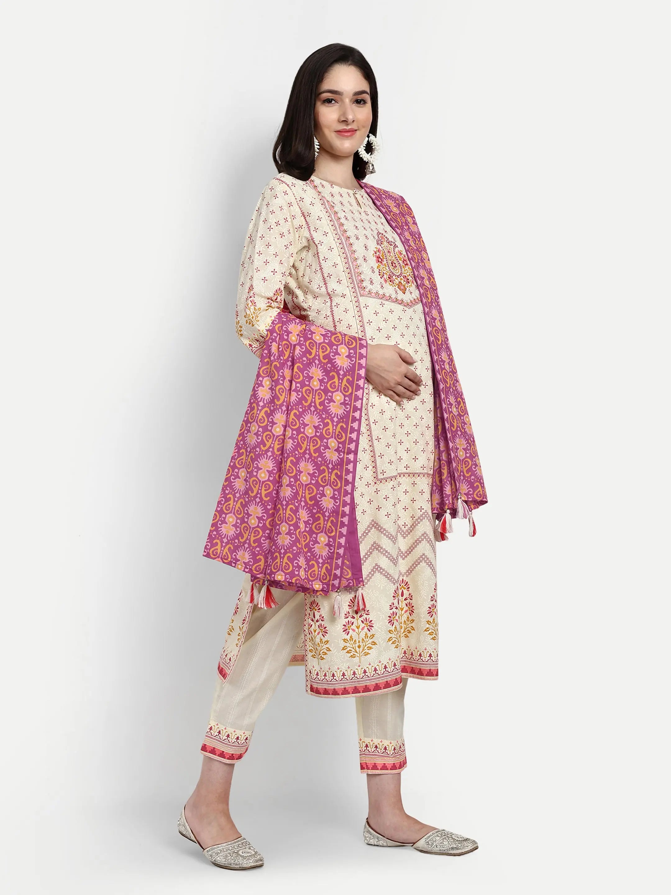 Mumzhug cotton Panel print embroidered kurta with attached lining, pant and dupatta for maternity and feeding purpose mumzhug