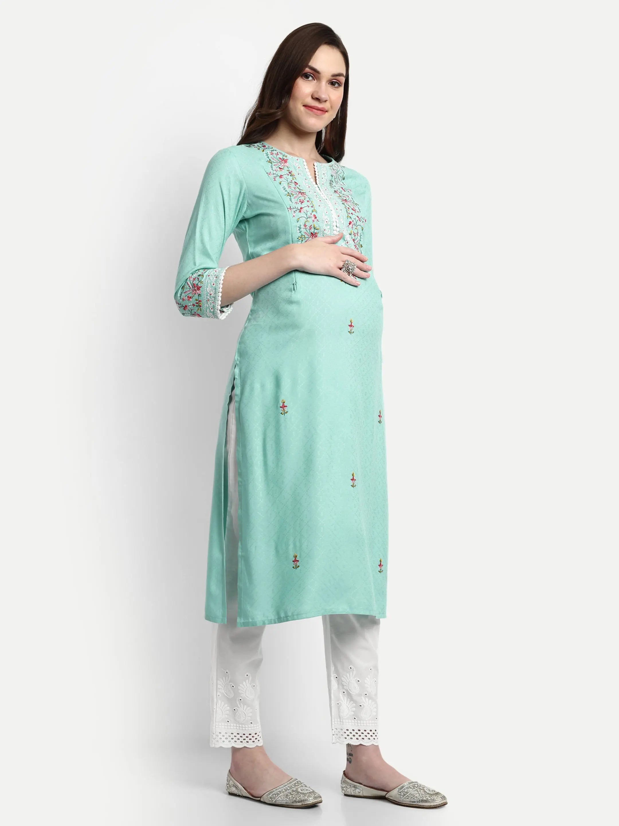 MUMZHUG Rayon Yarn Dyed Embroided Kurta with Cotton Schiffli Trouser for Feeding and Maternity Purpose mumzhug