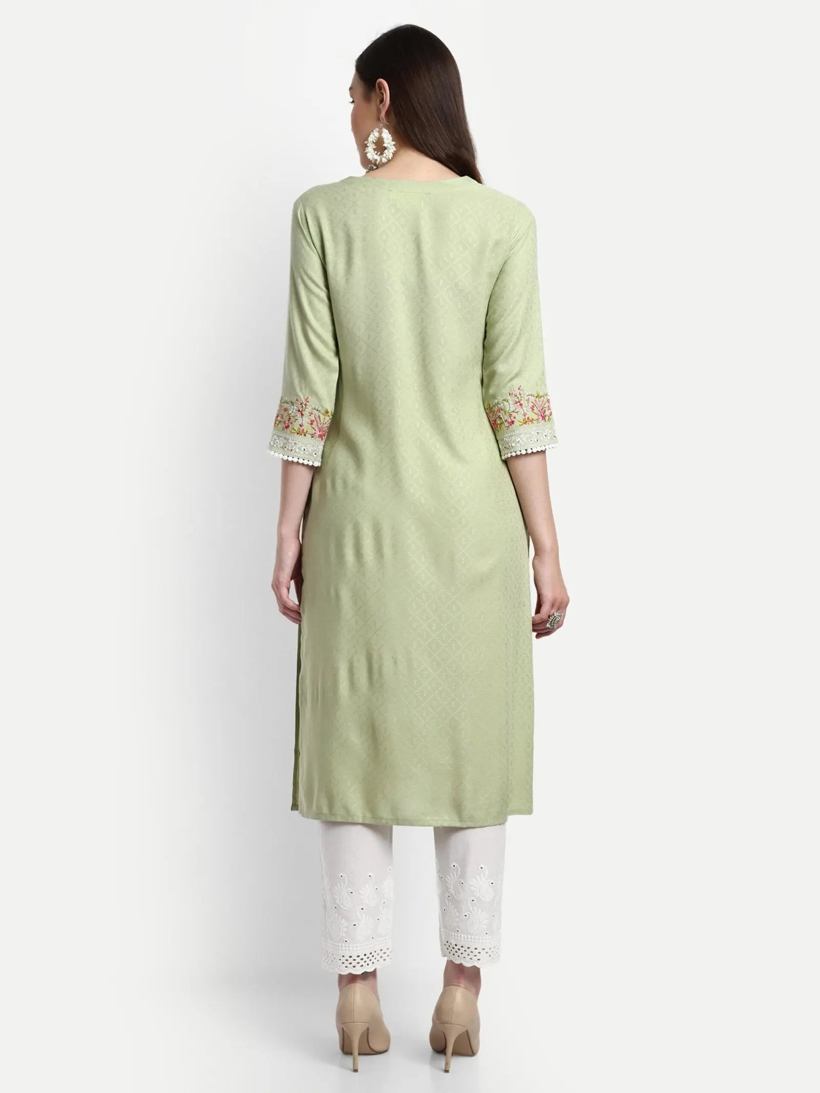 PISTA COLORED SOFT RAYON EMBROIDED KURTA WITH SCHIFFLI PANT mumzhug