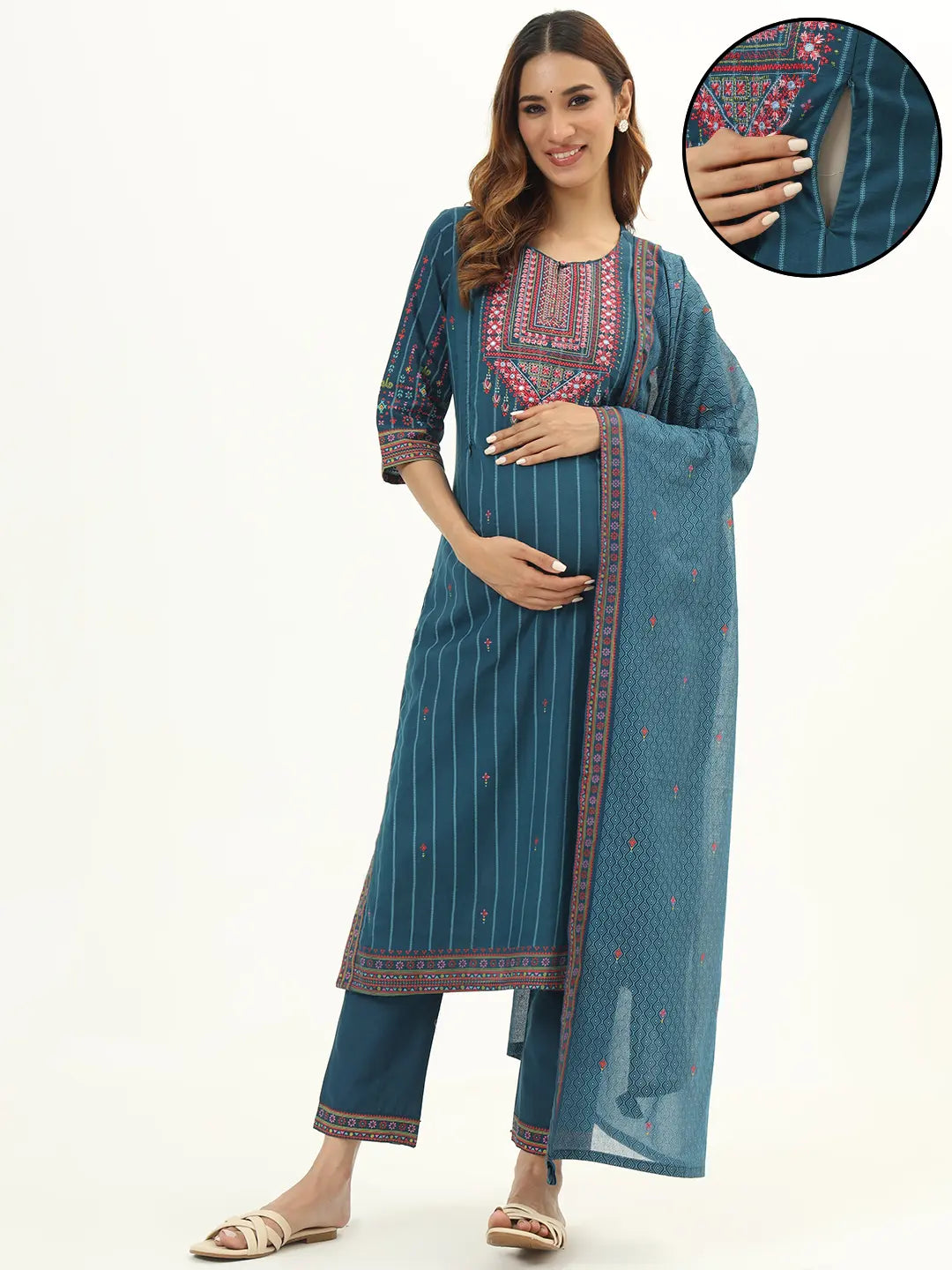 Cotton Panel Print Embroided Kurta With Pallao And Dupatta For Feeding And Maternity Purpose mumzhug