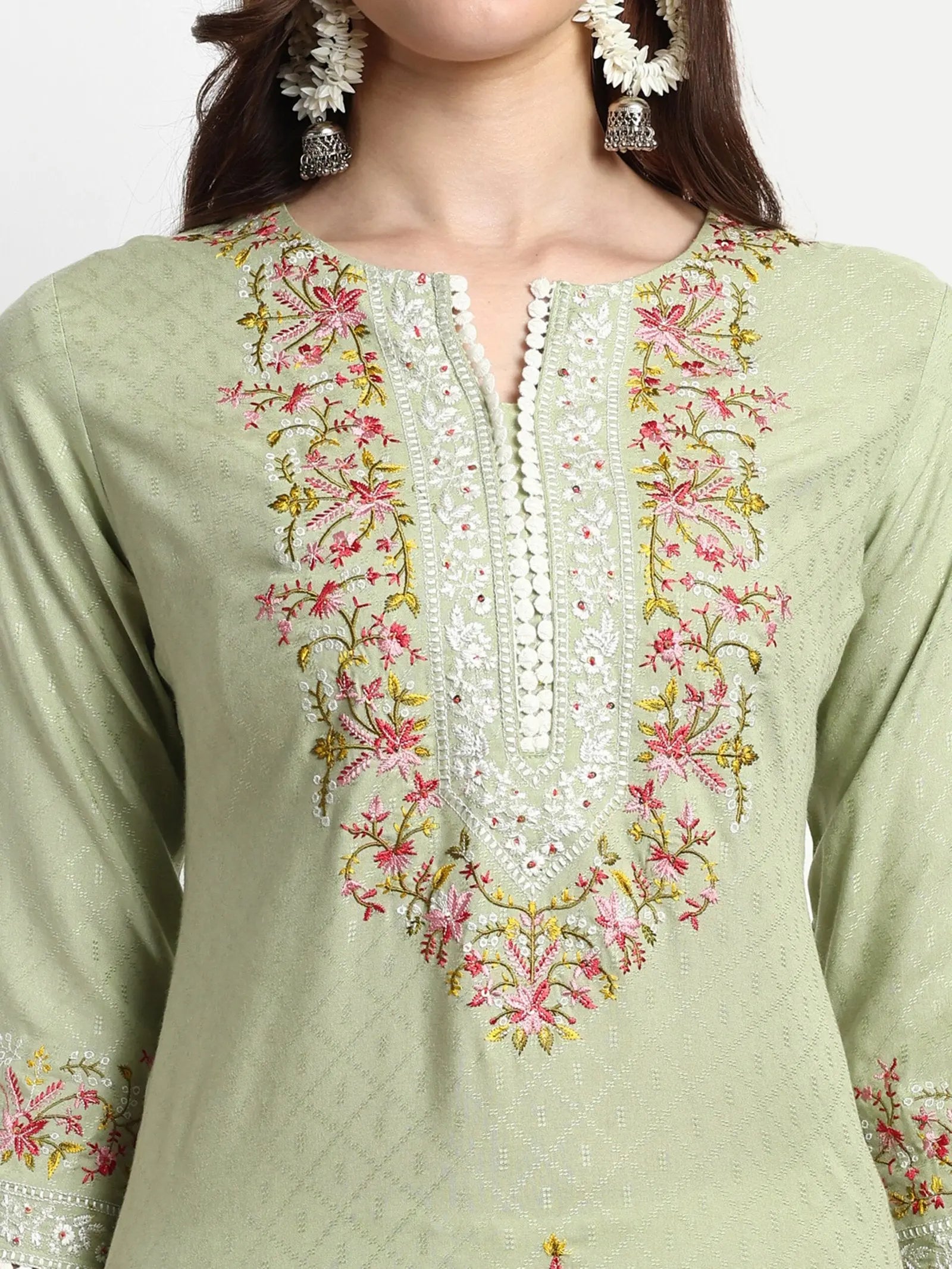 PISTA COLORED SOFT RAYON EMBROIDED KURTA WITH SCHIFFLI PANT mumzhug