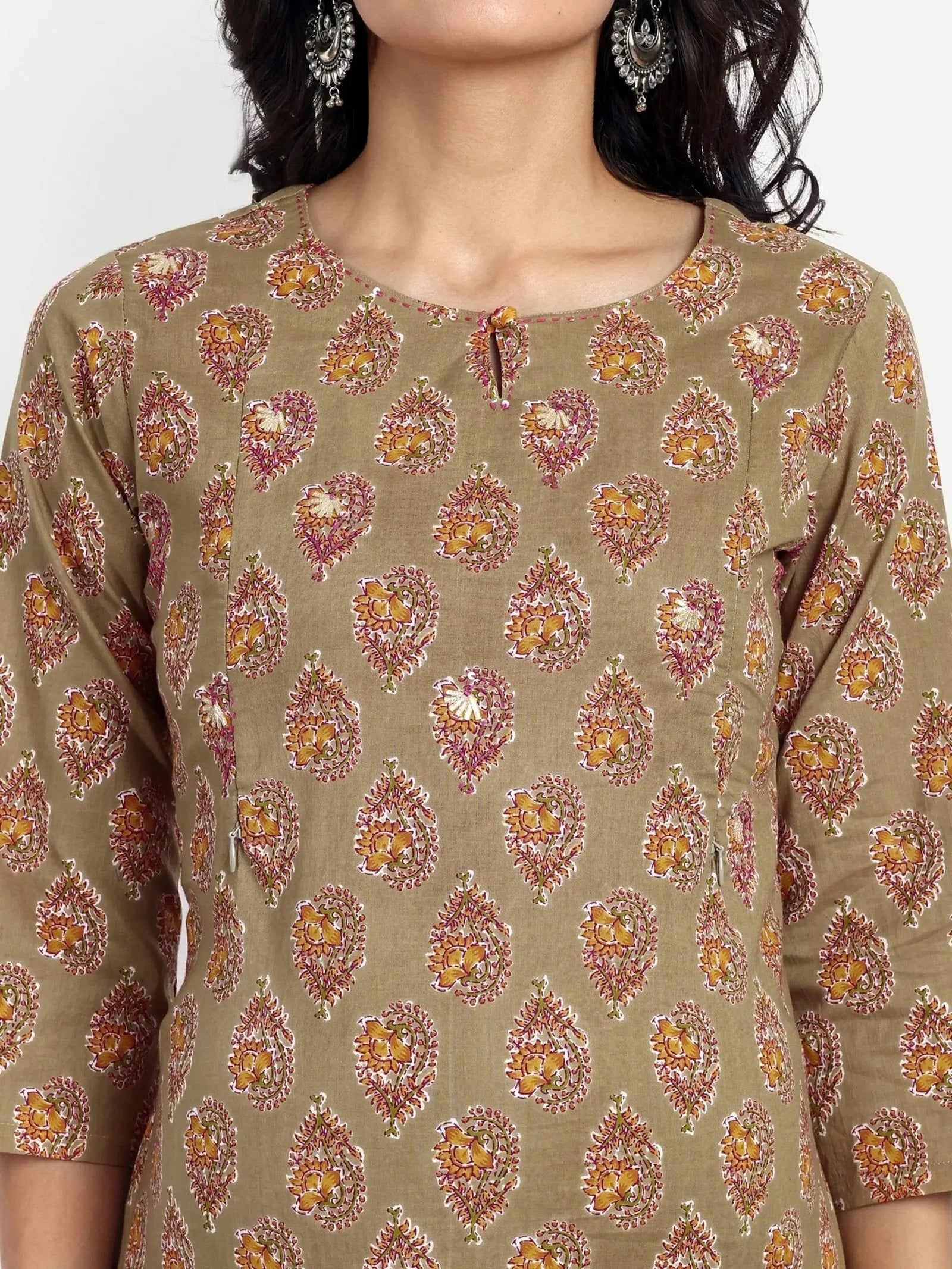 OLIVE GREEN COLOUR COTTON LUREX STRAIGHT KURTA FEEDING OR NURSING KURTA WITH EMBROIDERY mumzhug