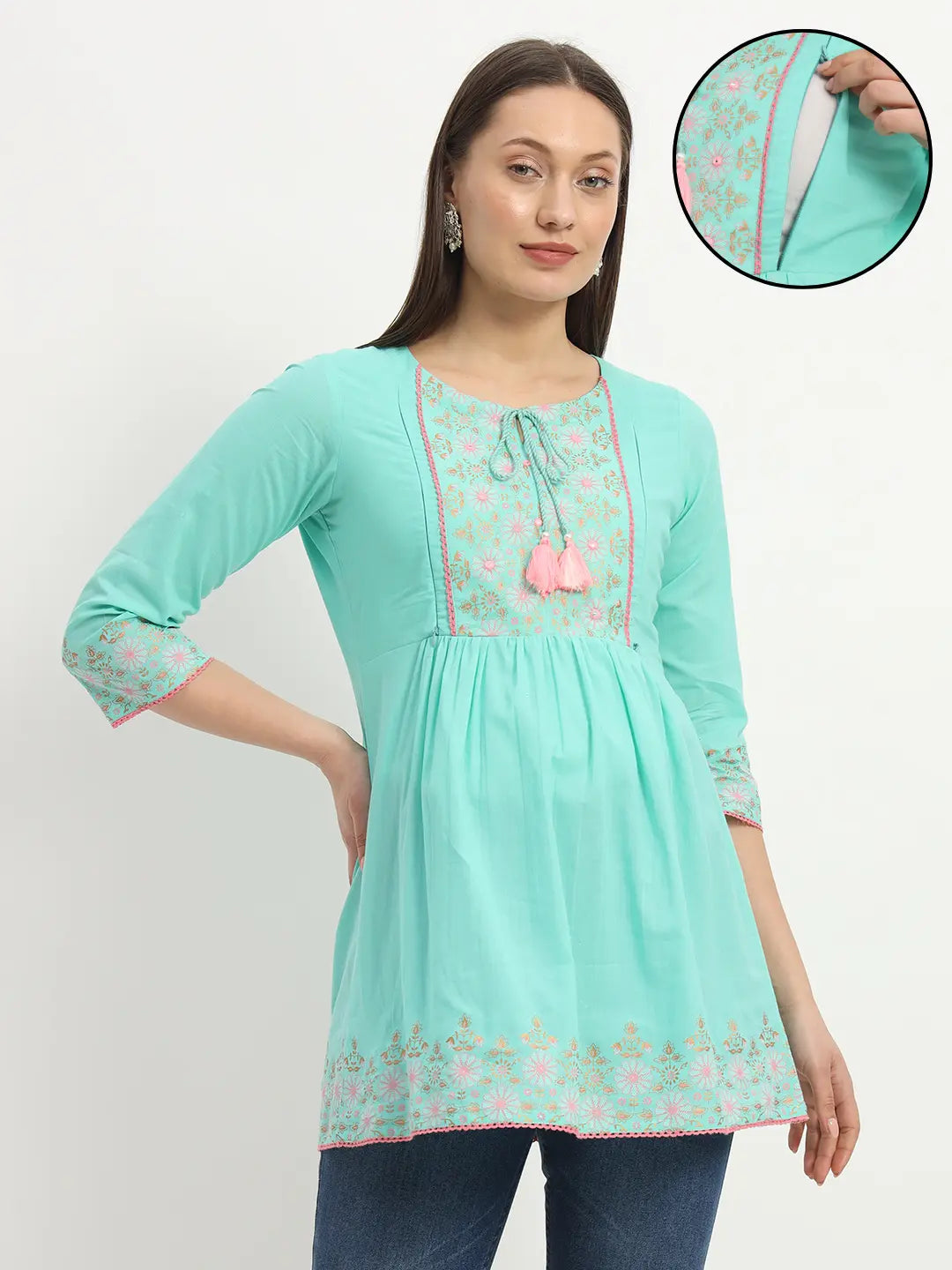 Cotton Embroided Flared Kurta For Feeding And Maternity Purpose mumzhug