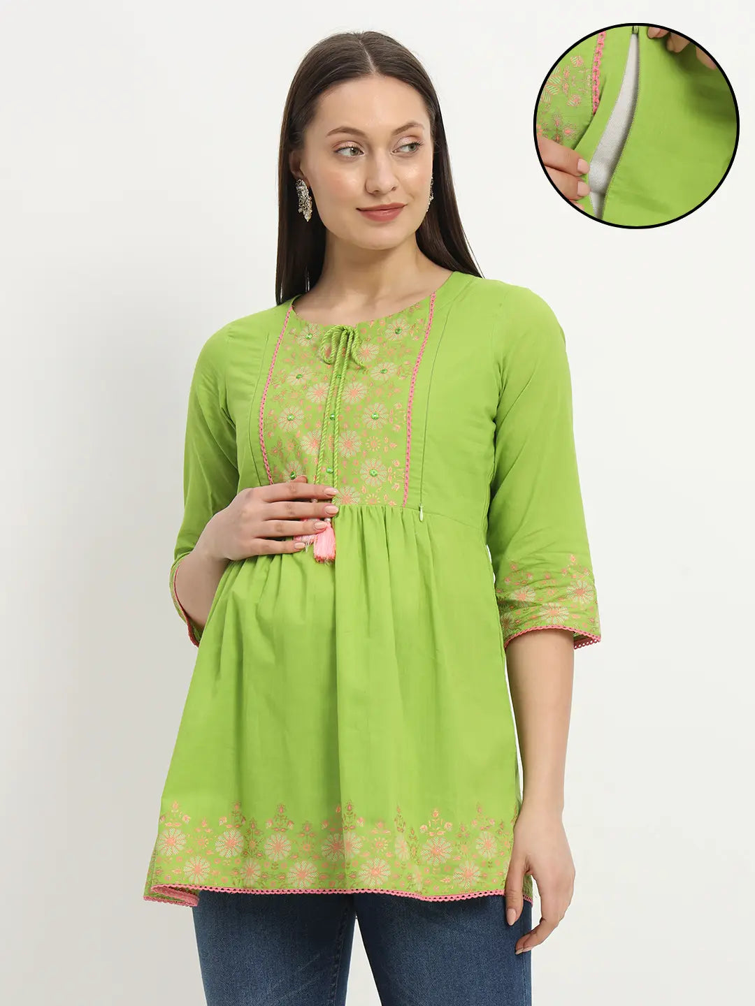 Cotton Embroided Flared Kurta For Feeding And Maternity Purpose mumzhug