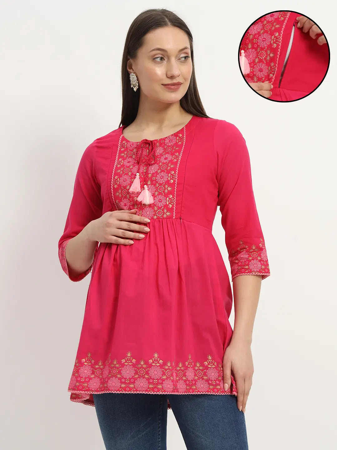 Cotton Embroided Flared Kurta For Feeding And Maternity Purpose mumzhug