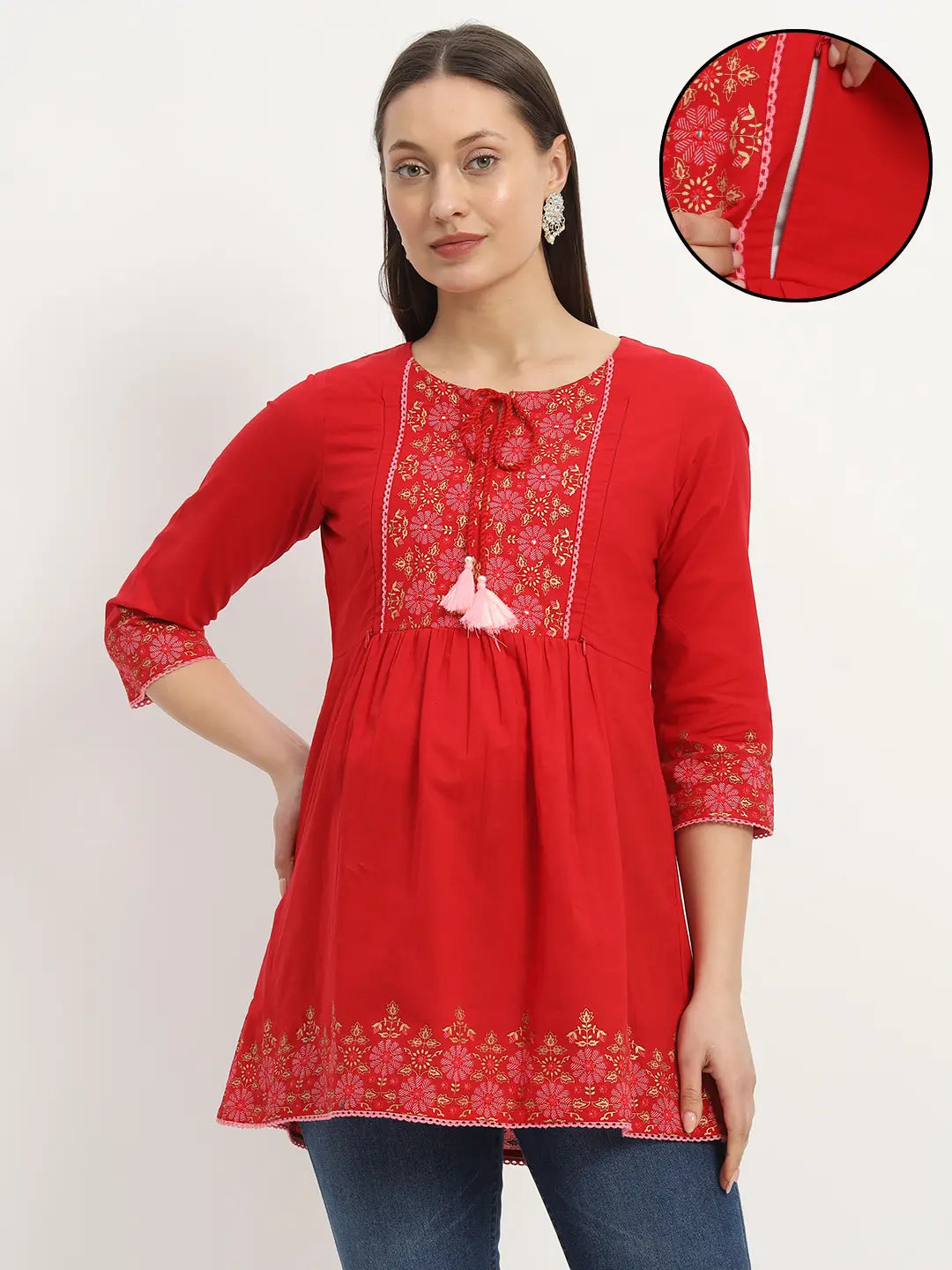 Cotton Embroided Flared Kurta For Feeding And Maternity Purpose mumzhug