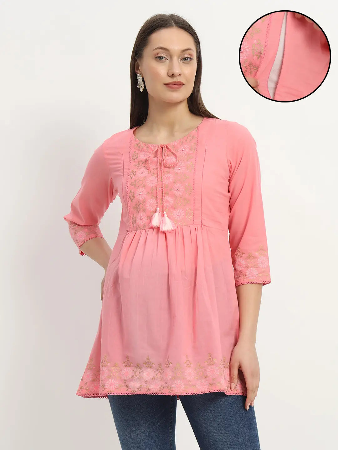 Cotton Embroided Flared Kurta For Feeding And Maternity Purpose mumzhug