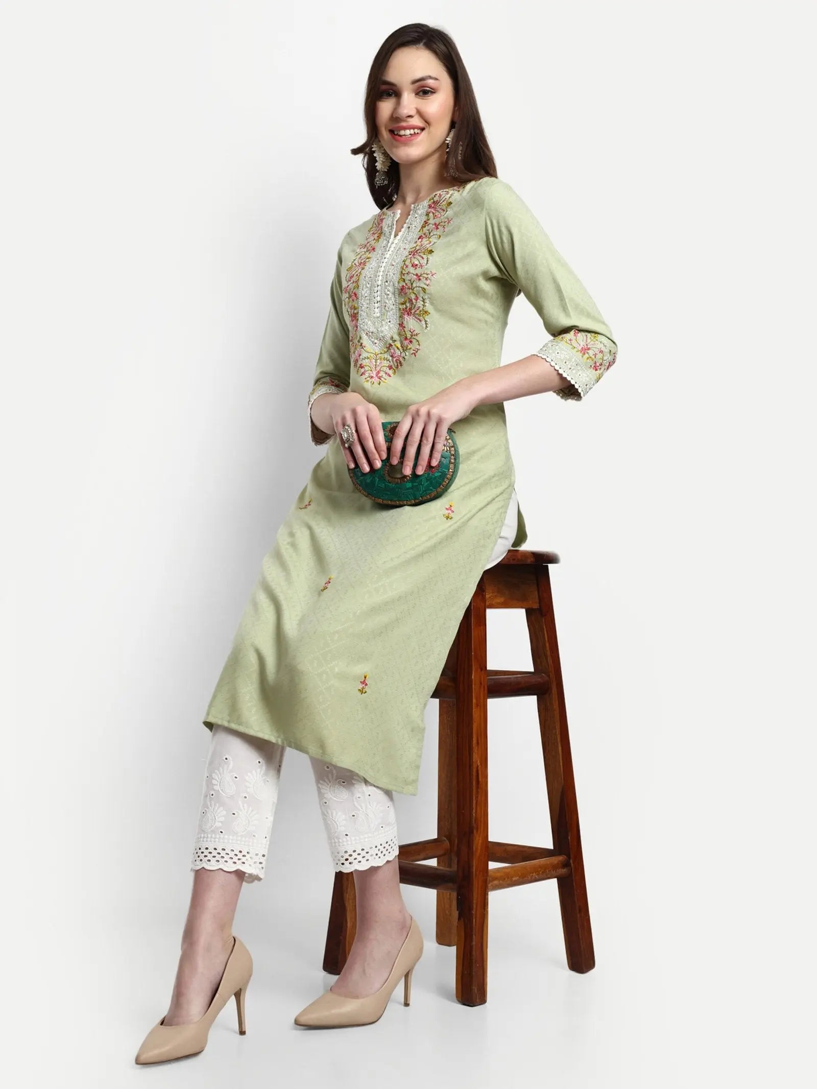 PISTA COLORED SOFT RAYON EMBROIDED KURTA WITH SCHIFFLI PANT mumzhug