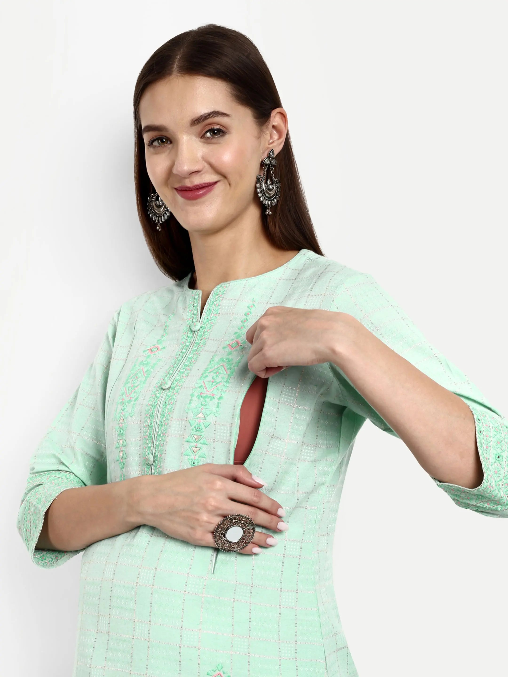 Cotton Lurex Embroided Kurta With Trouser And Dupatta For Feeding And Maternity mumzhug