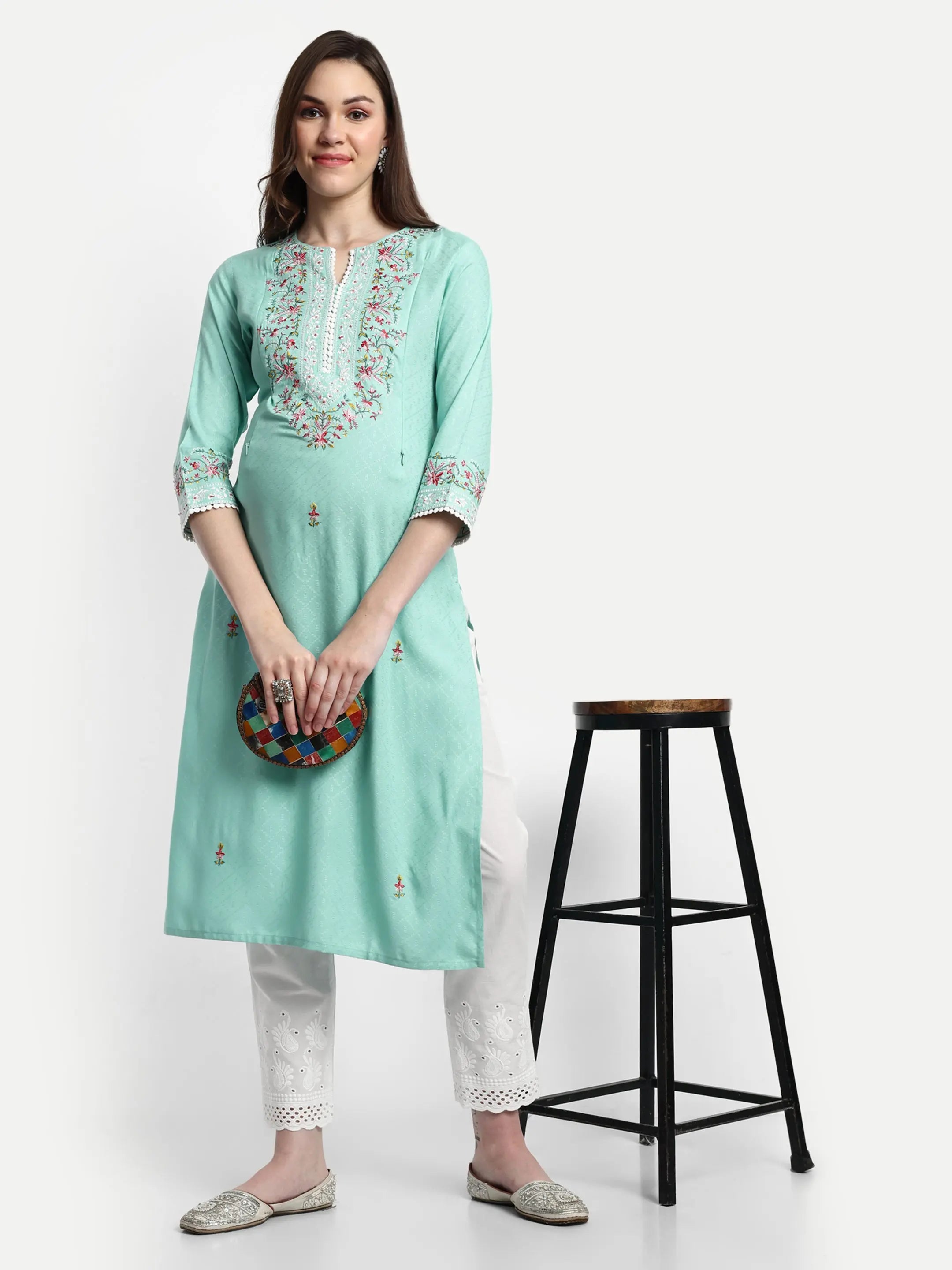 MUMZHUG Rayon Yarn Dyed Embroided Kurta with Cotton Schiffli Trouser for Feeding and Maternity Purpose mumzhug