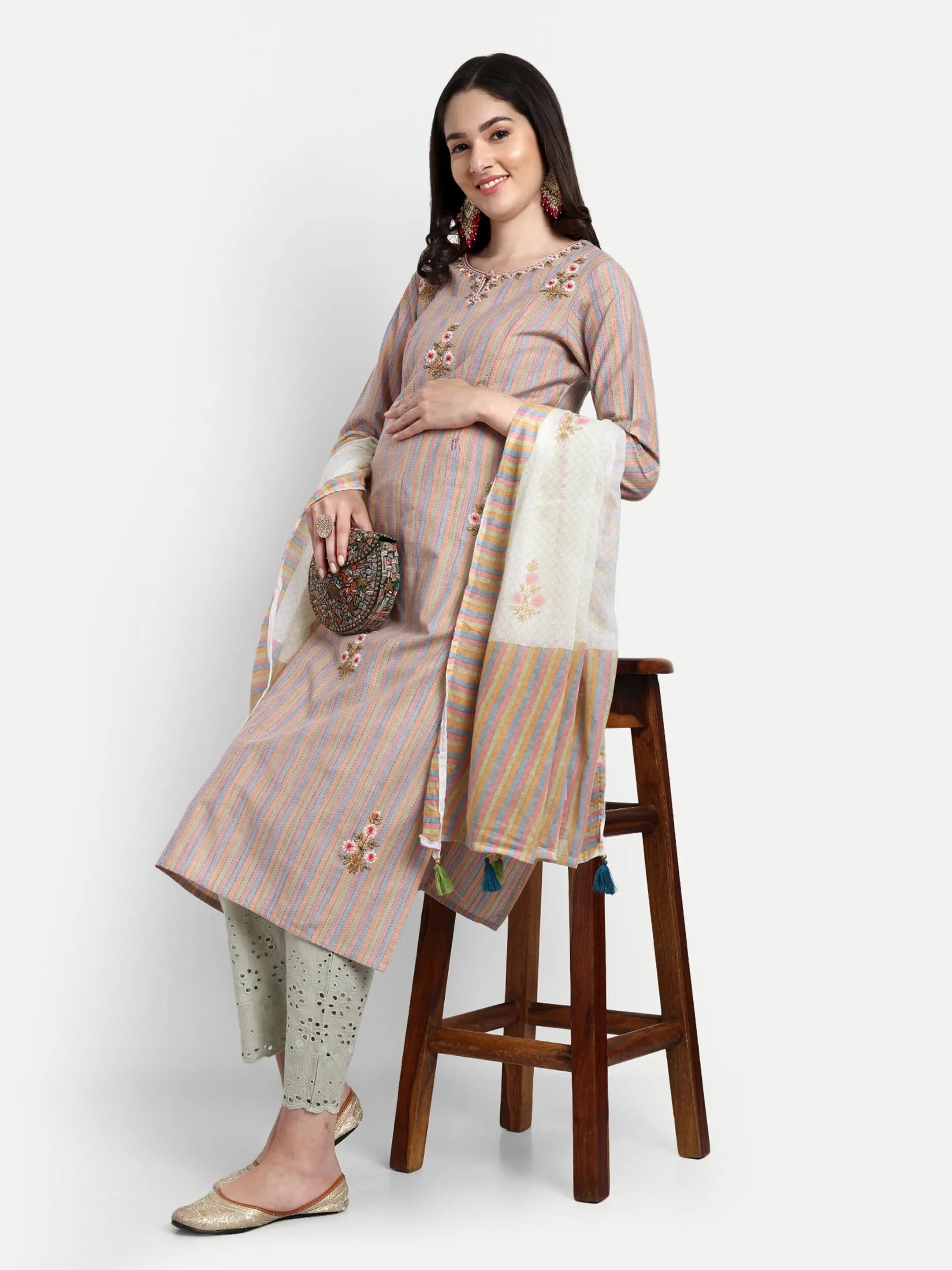 Cotton Striped Yarn Dyed Kurta With Dori And Sequin Embroidery With Schiffli Pallazo And Cotton Dupatta For Feeding And Maternity Purpose mumzhug