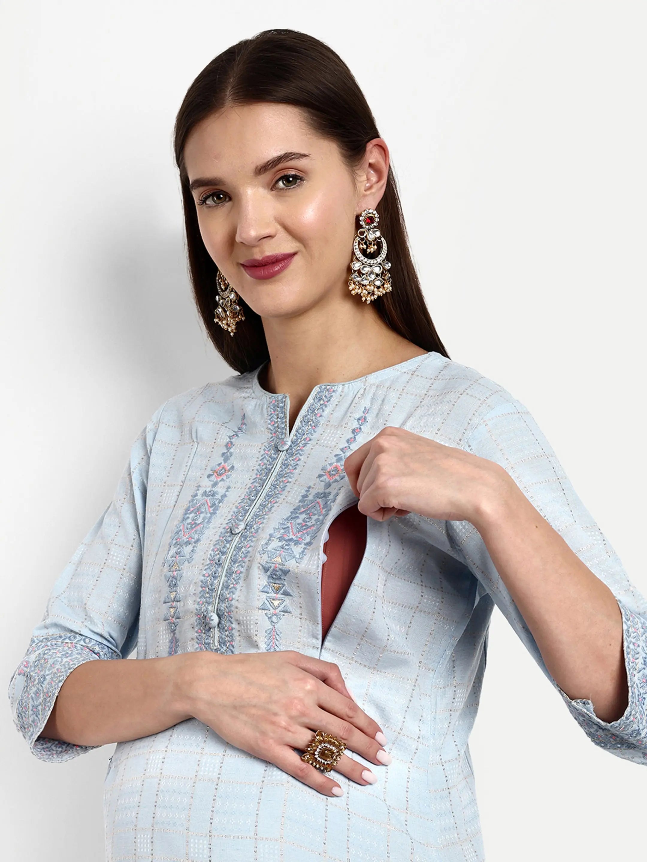 Cotton Lurex Embroided Kurta With Trouser And Dupatta For Feeding And Maternity mumzhug