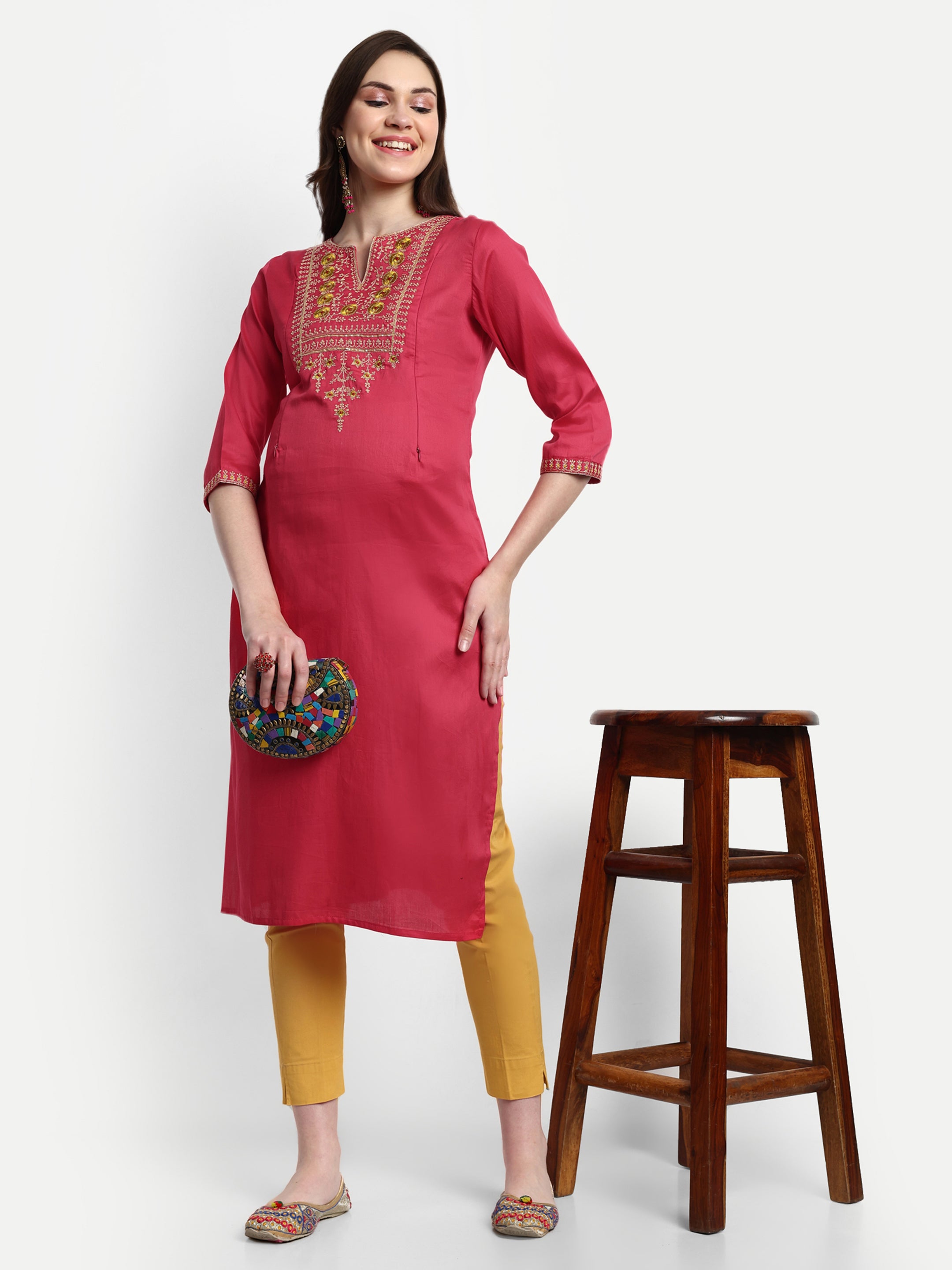 Coral Cotton Silk Feeding Kurta