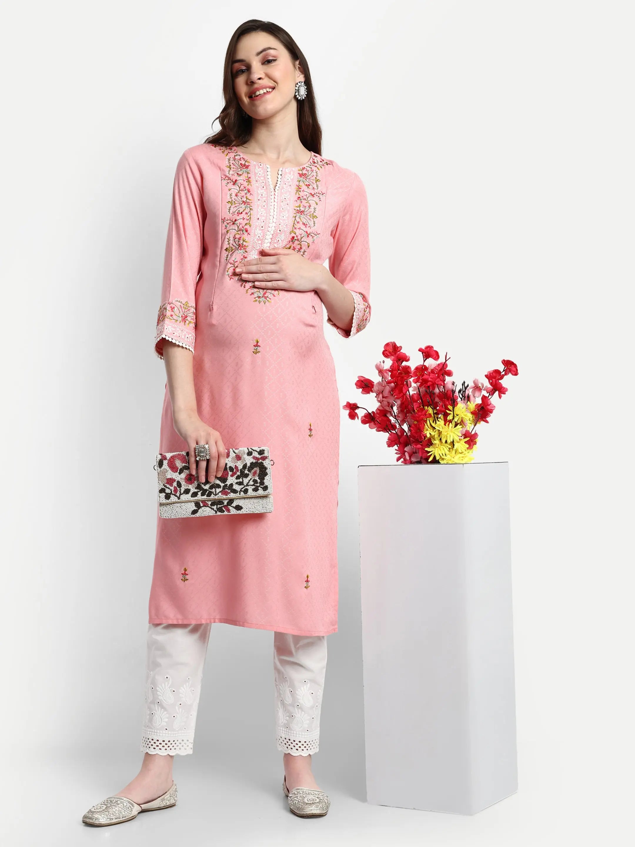 MUMZHUG Rayon Yarn Dyed Embroided Kurta with Cotton Schiffli Trouser for Feeding and Maternity Purpose mumzhug