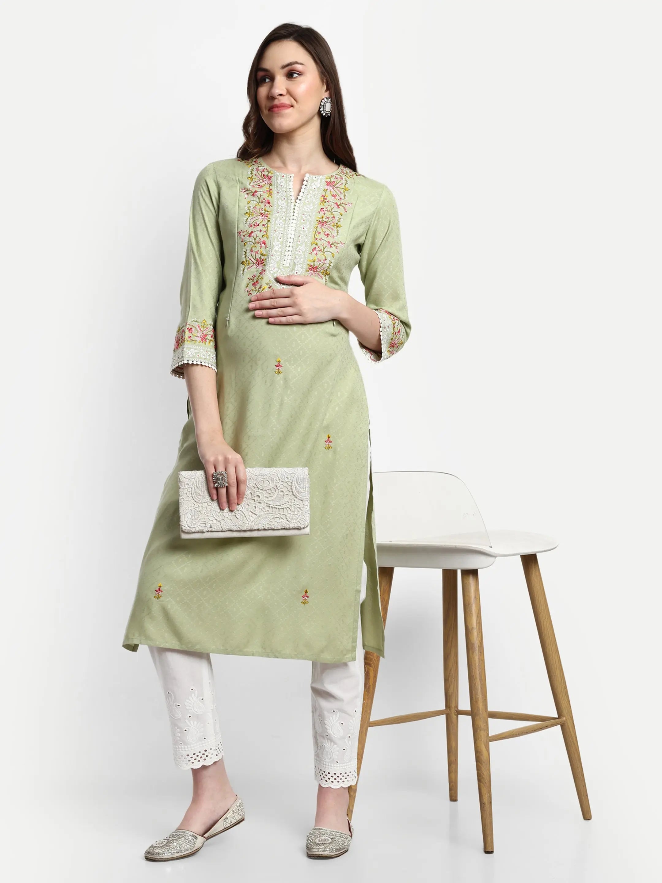 MUMZHUG Rayon Yarn Dyed Embroided Kurta with Cotton Schiffli Trouser for Feeding and Maternity Purpose mumzhug