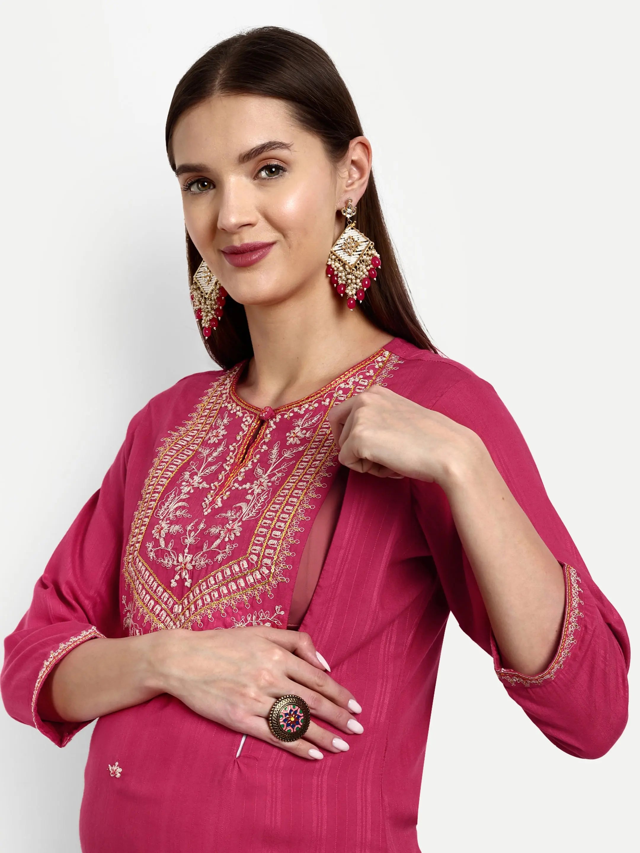 Viscose Rayon Embroided Kurta With Trouser And Dupatta For Feeding And Maternity mumzhug