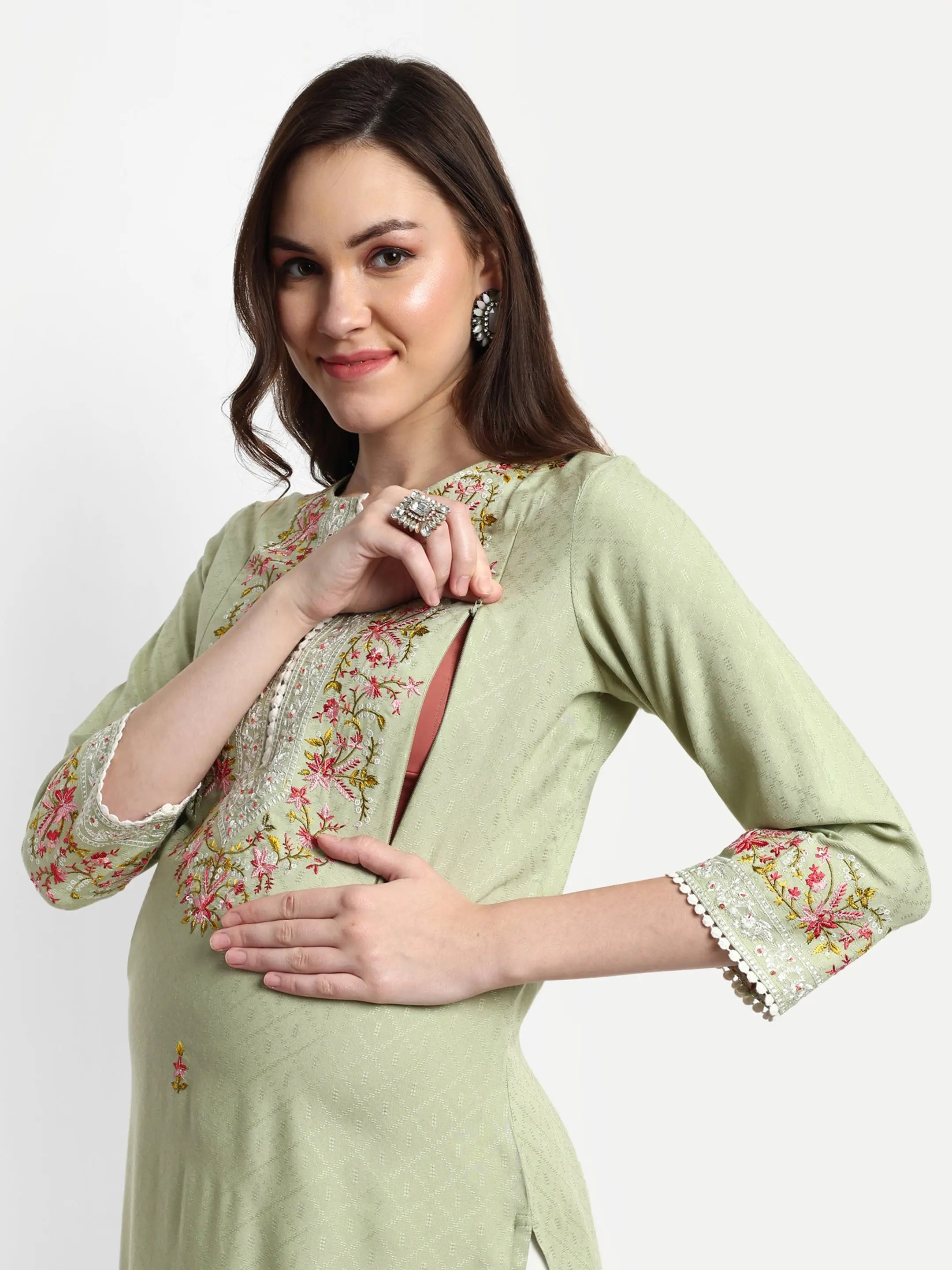 MUMZHUG Rayon Yarn Dyed Embroided Kurta with Cotton Schiffli Trouser for Feeding and Maternity Purpose mumzhug