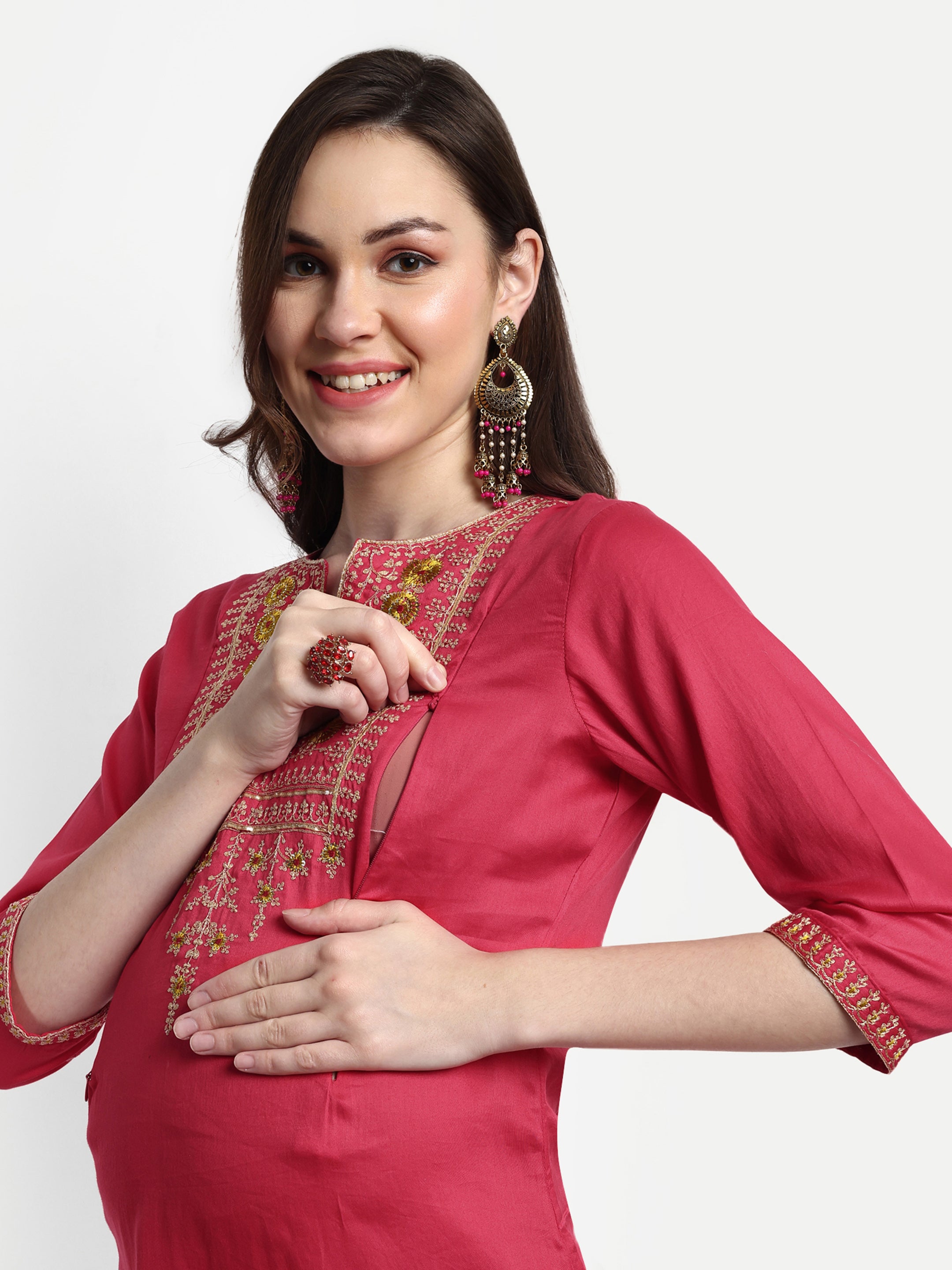 Coral Cotton Silk Feeding Kurta