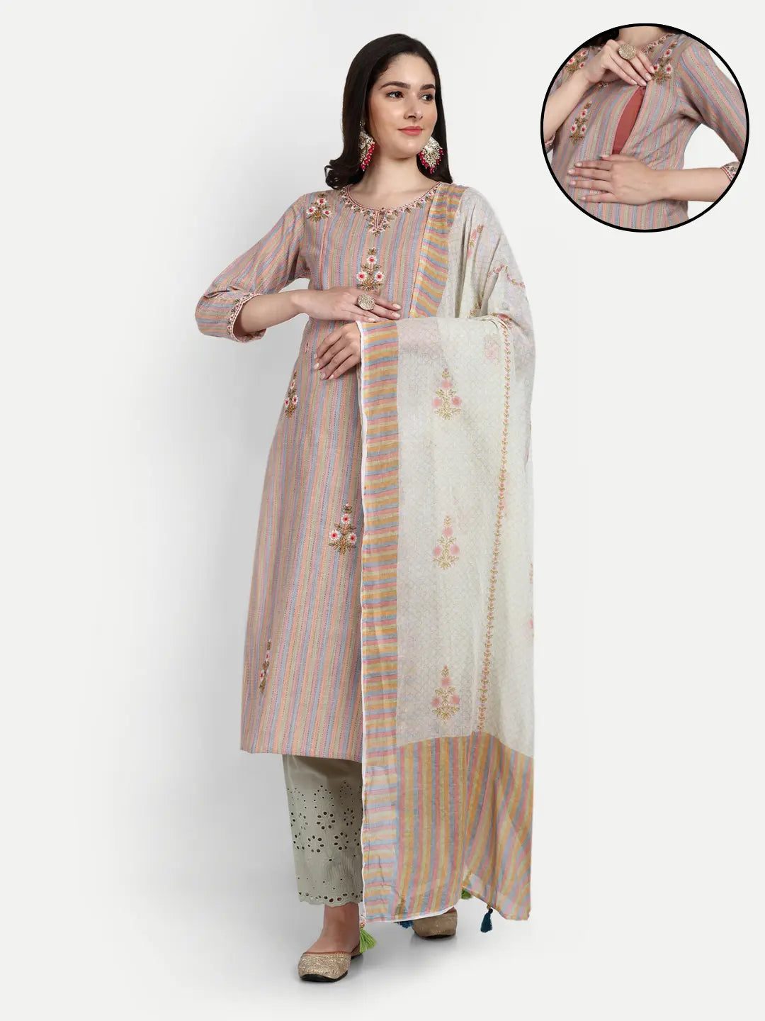 Cotton Striped Yarn Dyed Kurta With Dori And Sequin Embroidery With Schiffli Pallazo And Cotton Dupatta For Feeding And Maternity Purpose mumzhug