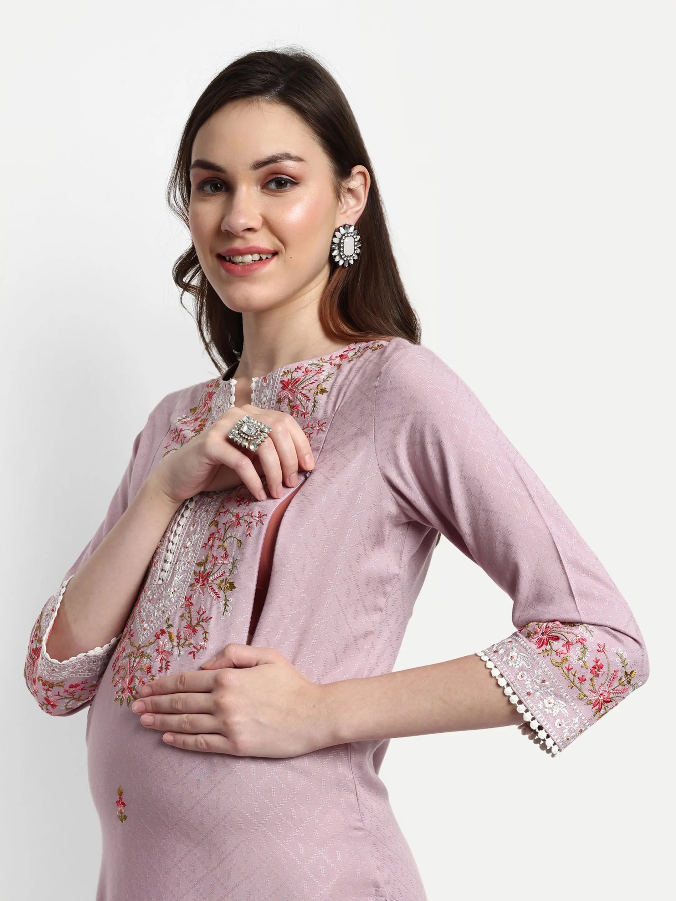 MUMZHUG Rayon Yarn Dyed Embroided Kurta with Cotton Schiffli Trouser for Feeding and Maternity Purpose mumzhug