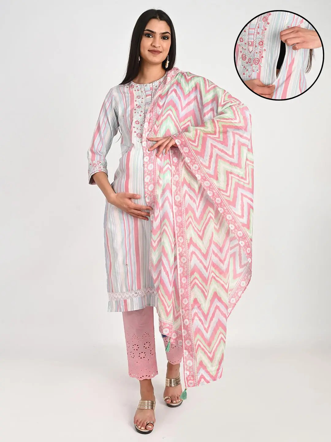 Cotton Lurex Kurta With Thread And Sequin Embroidery With Schiffli Pallazo And Duptta For Feeding And Maternity Purpose mumzhug