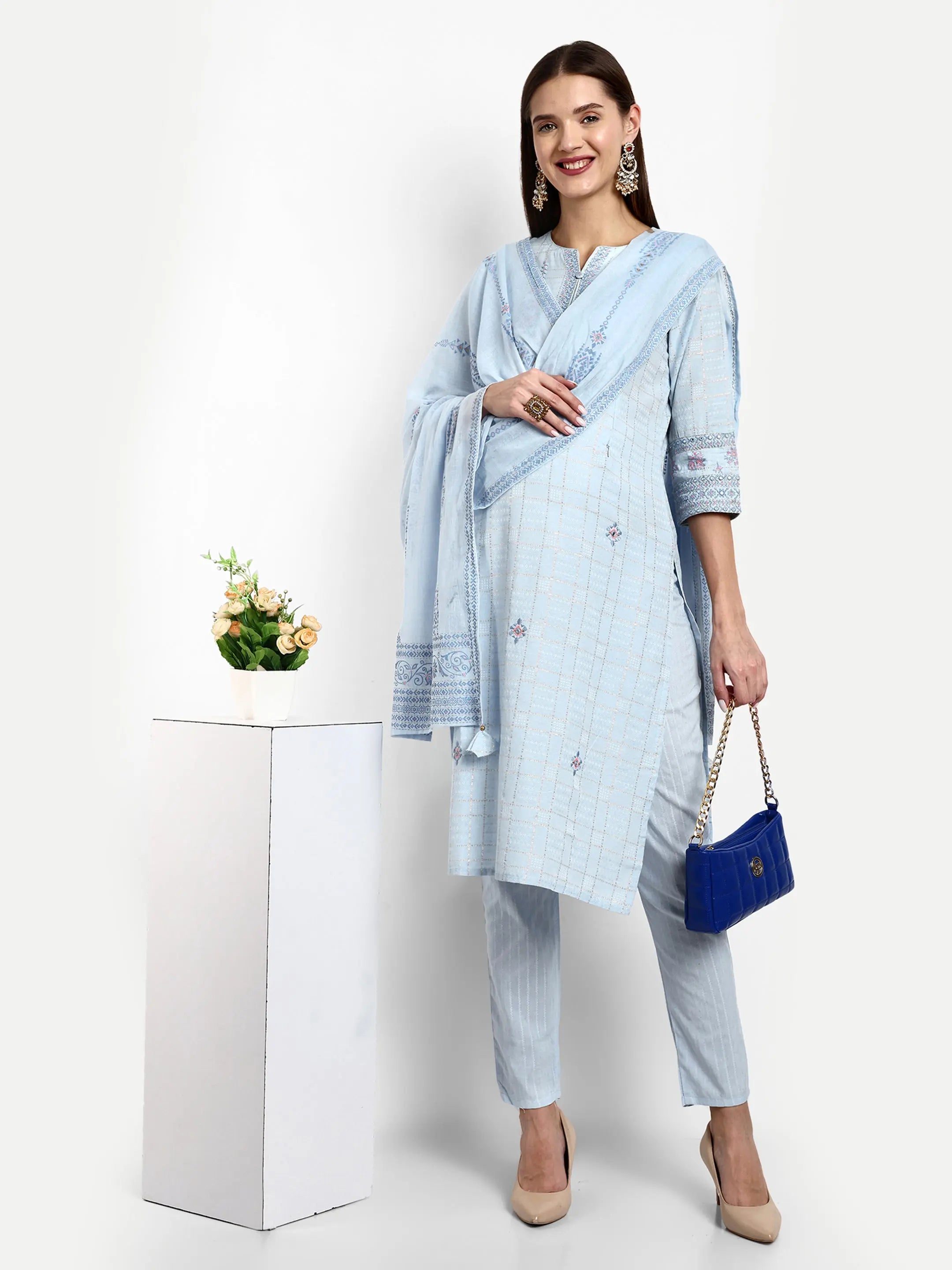 Cotton Lurex Embroided Kurta With Trouser And Dupatta For Feeding And Maternity mumzhug