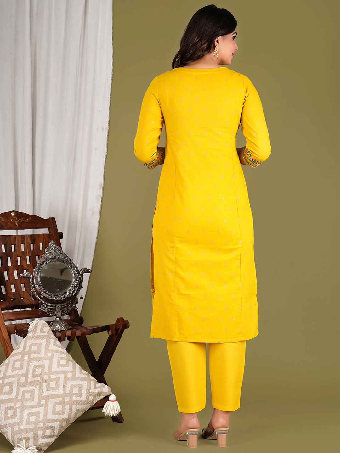 COTTON IKKAT EMBROIDED KURTA WITH ATTACHED LINING WITH PANT AND DUPATTA