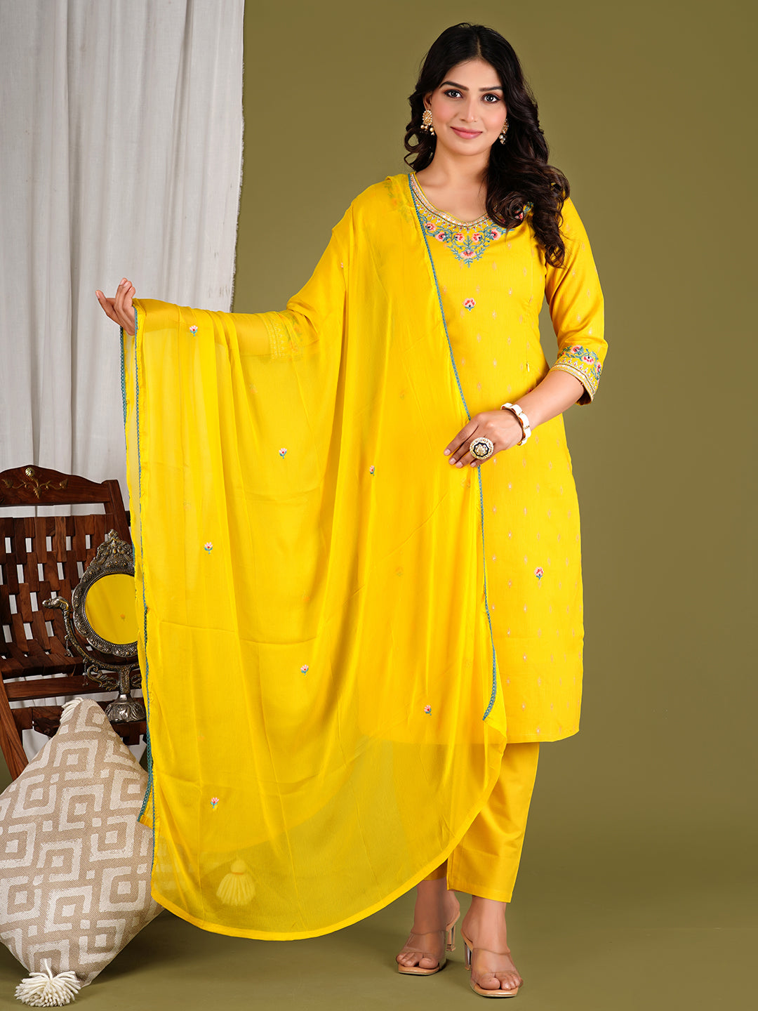 COTTON IKKAT EMBROIDED KURTA WITH ATTACHED LINING WITH PANT AND DUPATTA