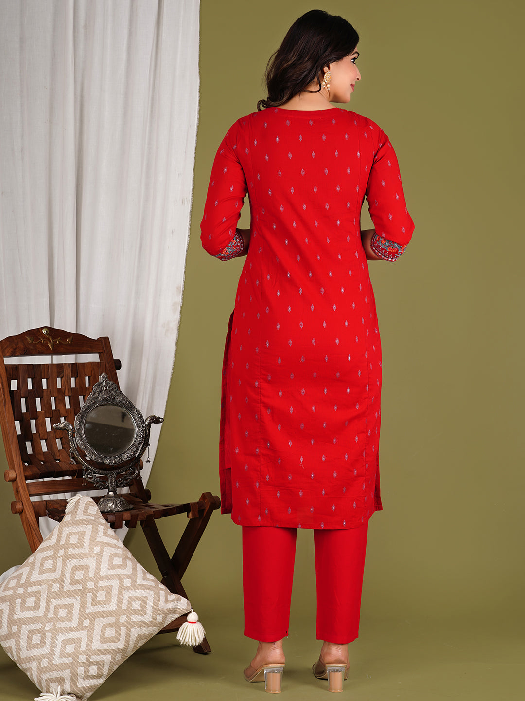 RED COLORED COTTON THREAD EMBROIDED KURTA PANT AND DUPATTA SET WITH ATTACHED LINING