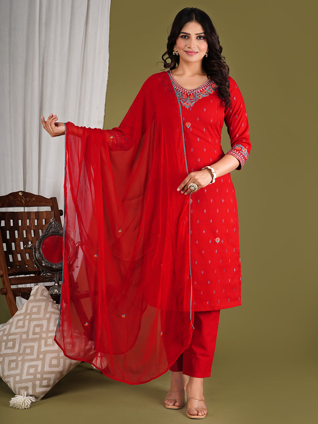 RED COLORED COTTON THREAD EMBROIDED KURTA PANT AND DUPATTA SET WITH ATTACHED LINING