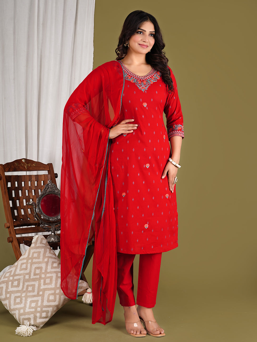 RED COLORED COTTON THREAD EMBROIDED KURTA PANT AND DUPATTA SET WITH ATTACHED LINING